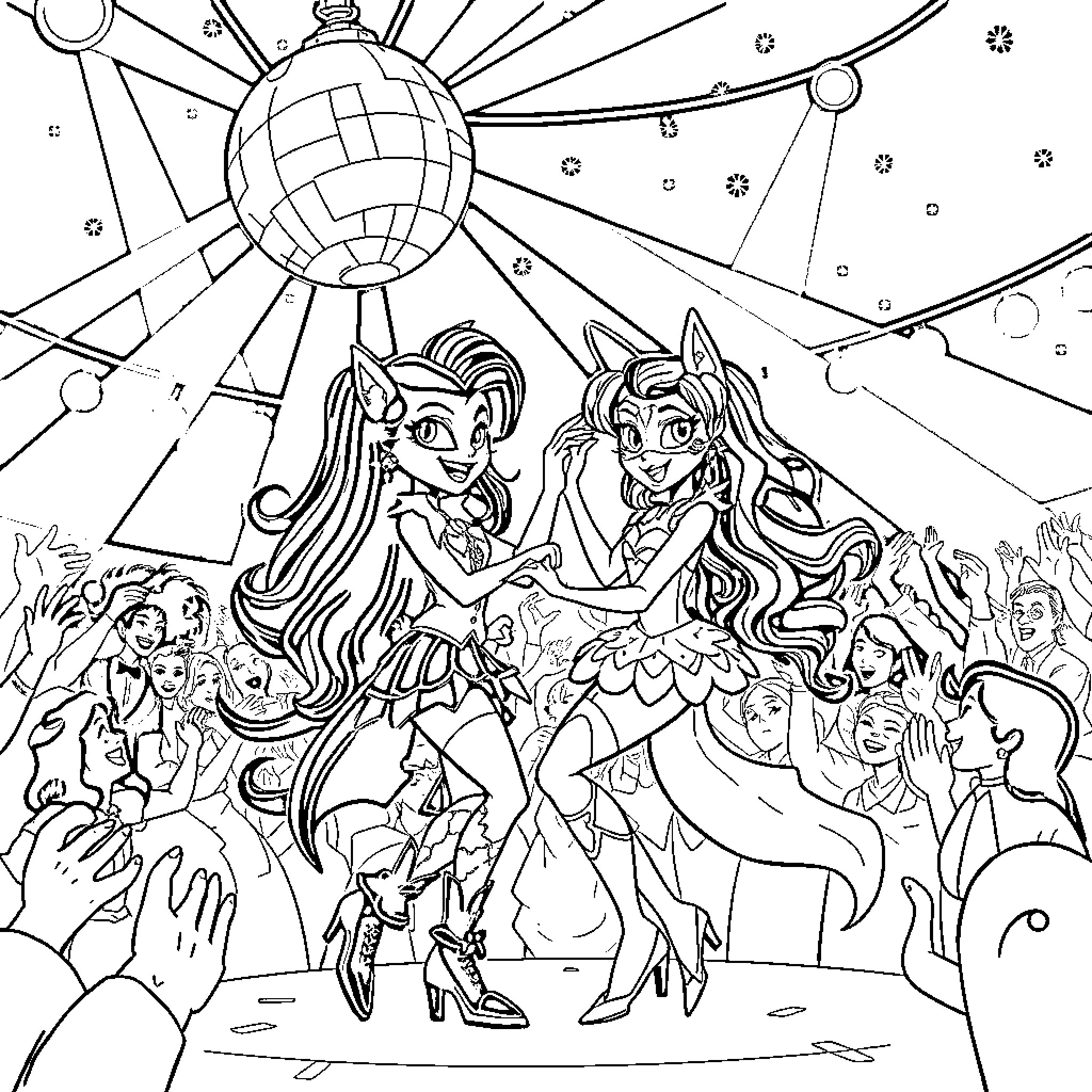 Draculaura and friends at a lively party Coloring Page (free black-and-white line drawing printable PDF for all, from beginners to advanced learners, including children, teens, adults, and seniors)