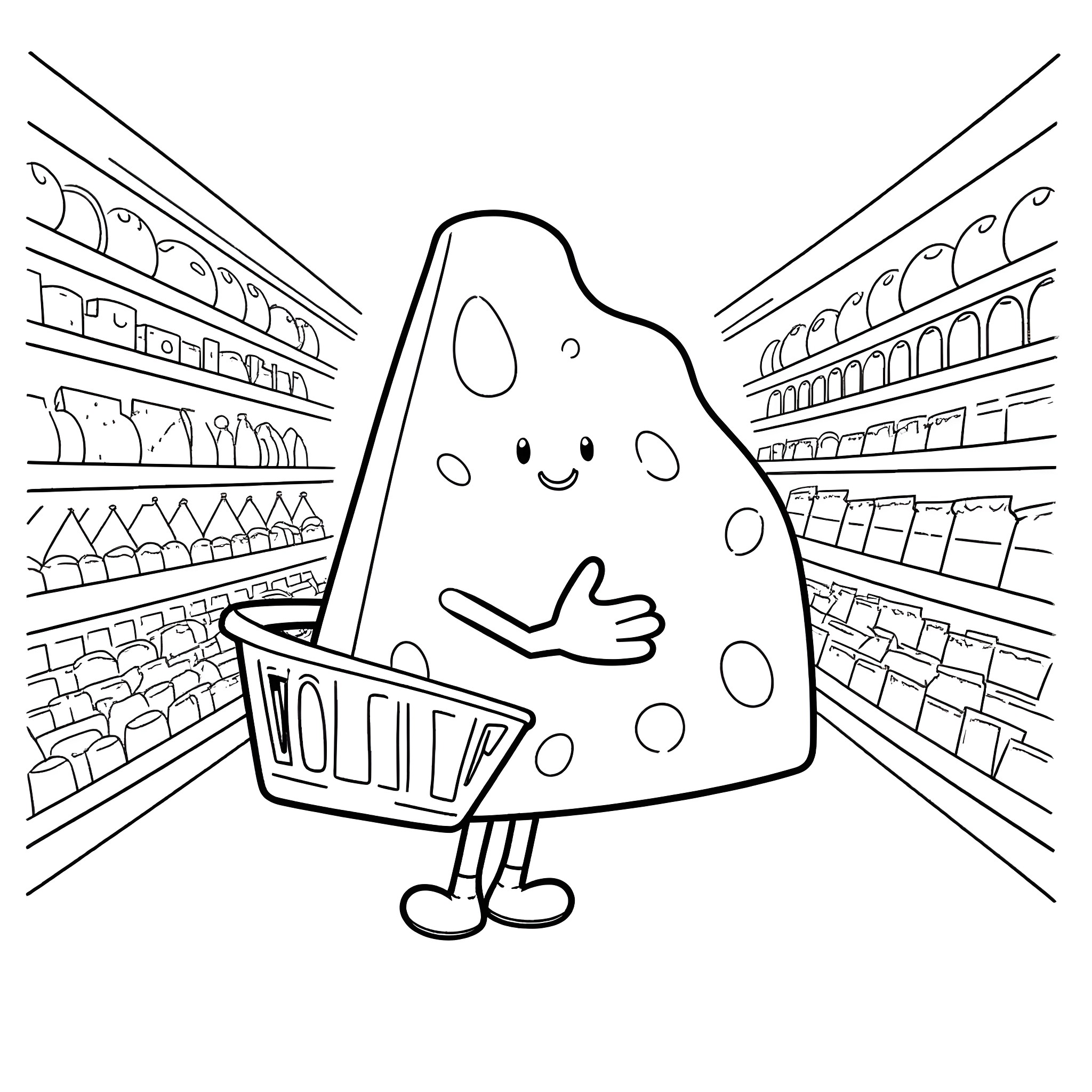 Cheese character shopping in the grocery store Coloring Page (free black-and-white line drawing printable PDF for all, from beginners to advanced learners, including children, teens, adults, and seniors)