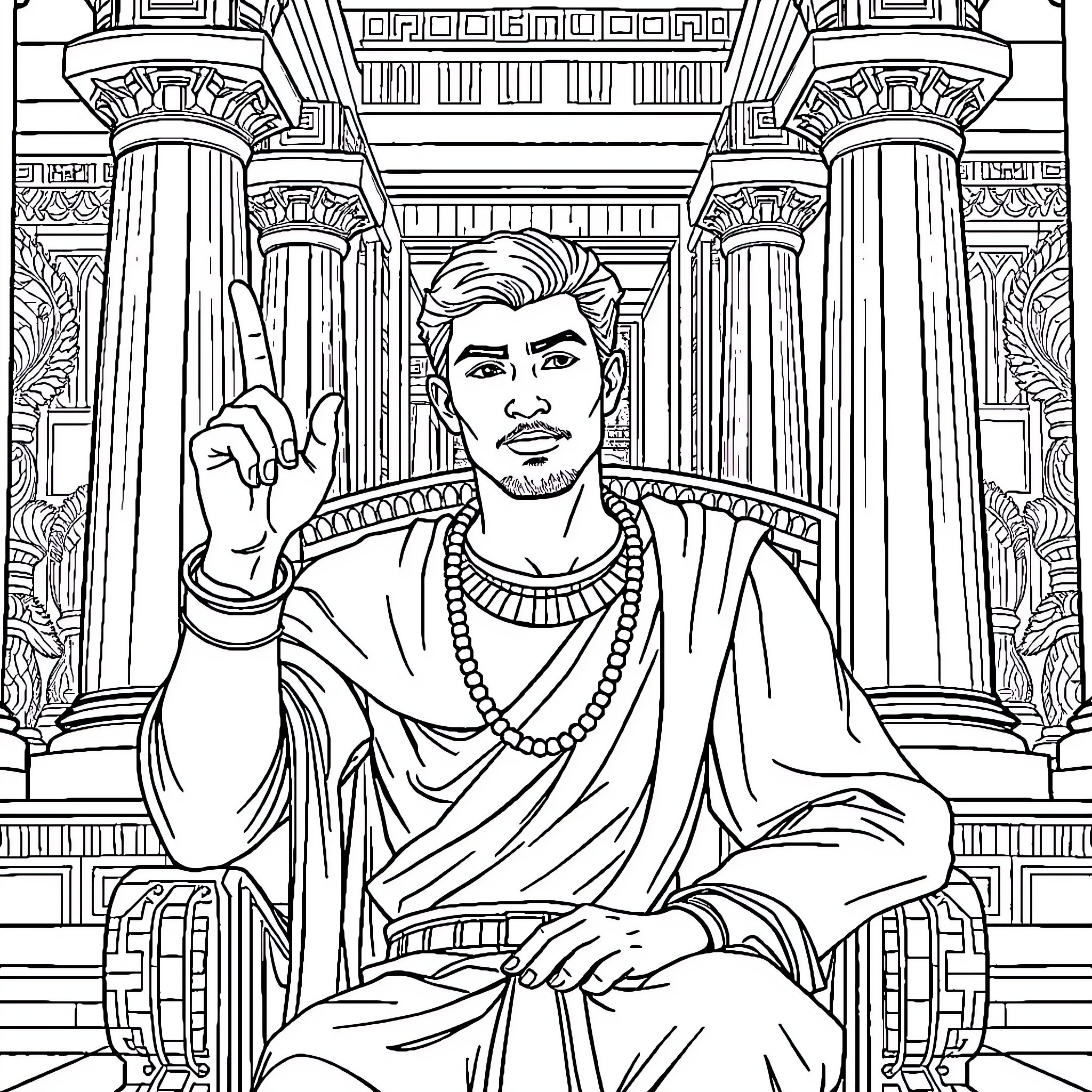 Man sitting on throne in ornate palace Coloring Page (free black-and-white line drawing printable PDF for all, from beginners to advanced learners, including children, teens, adults, and seniors)
