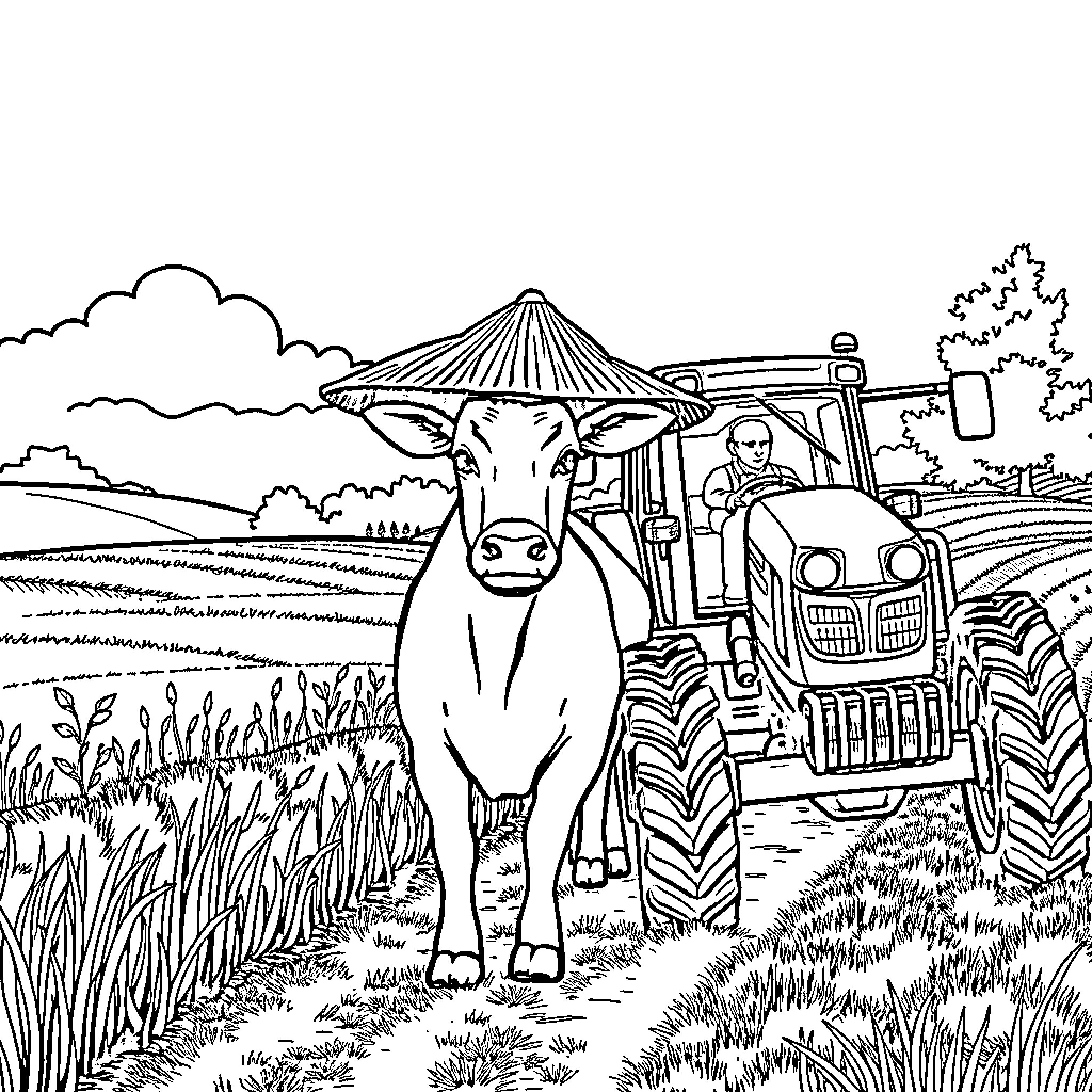 Vache standing in the farm field with a tractor Coloring Page (free black-and-white line drawing printable PDF for all, from beginners to advanced learners, including children, teens, adults, and seniors)