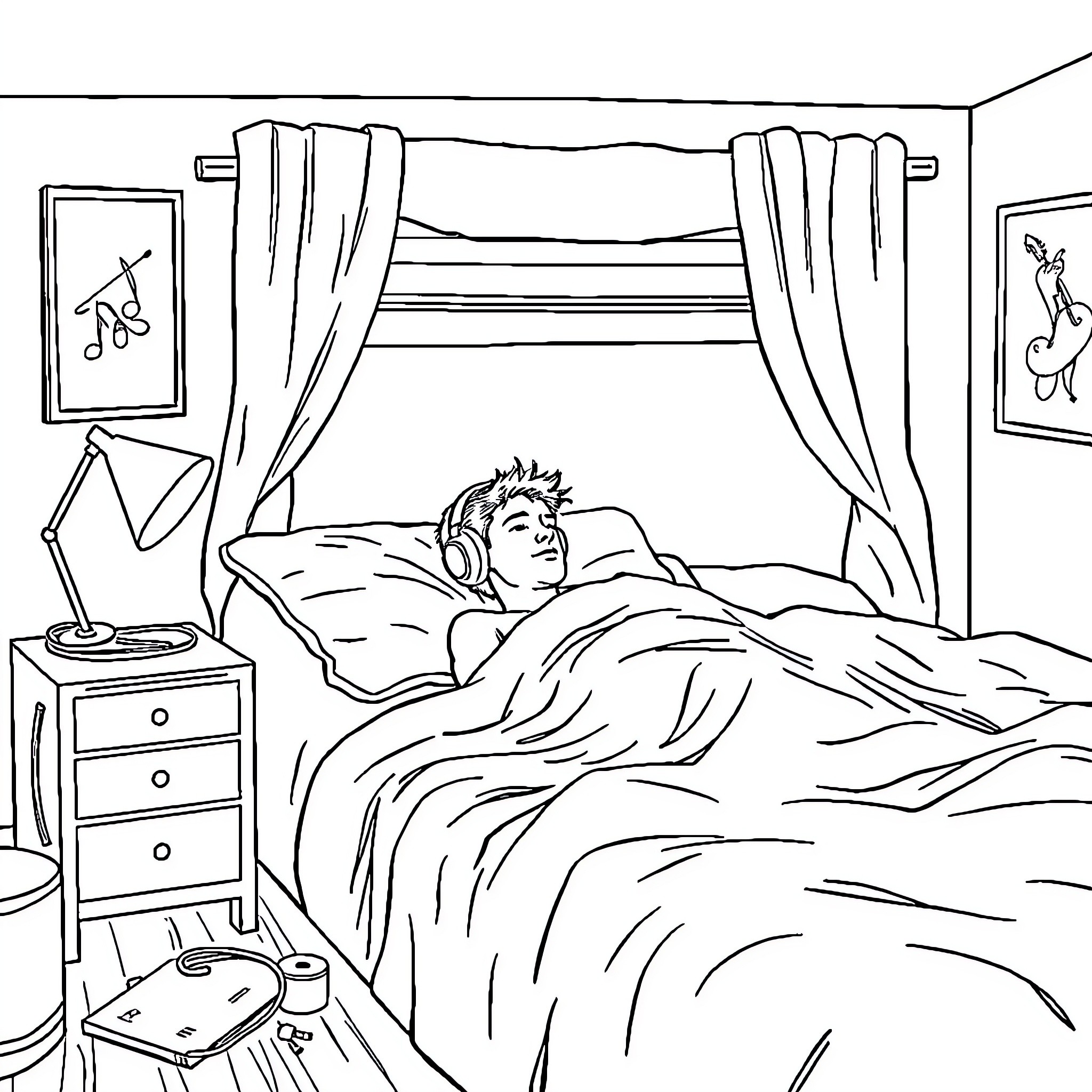 Jul wakes up in cozy bedroom Coloring Page (free black-and-white line drawing printable PDF for all, from beginners to advanced learners, including children, teens, adults, and seniors)