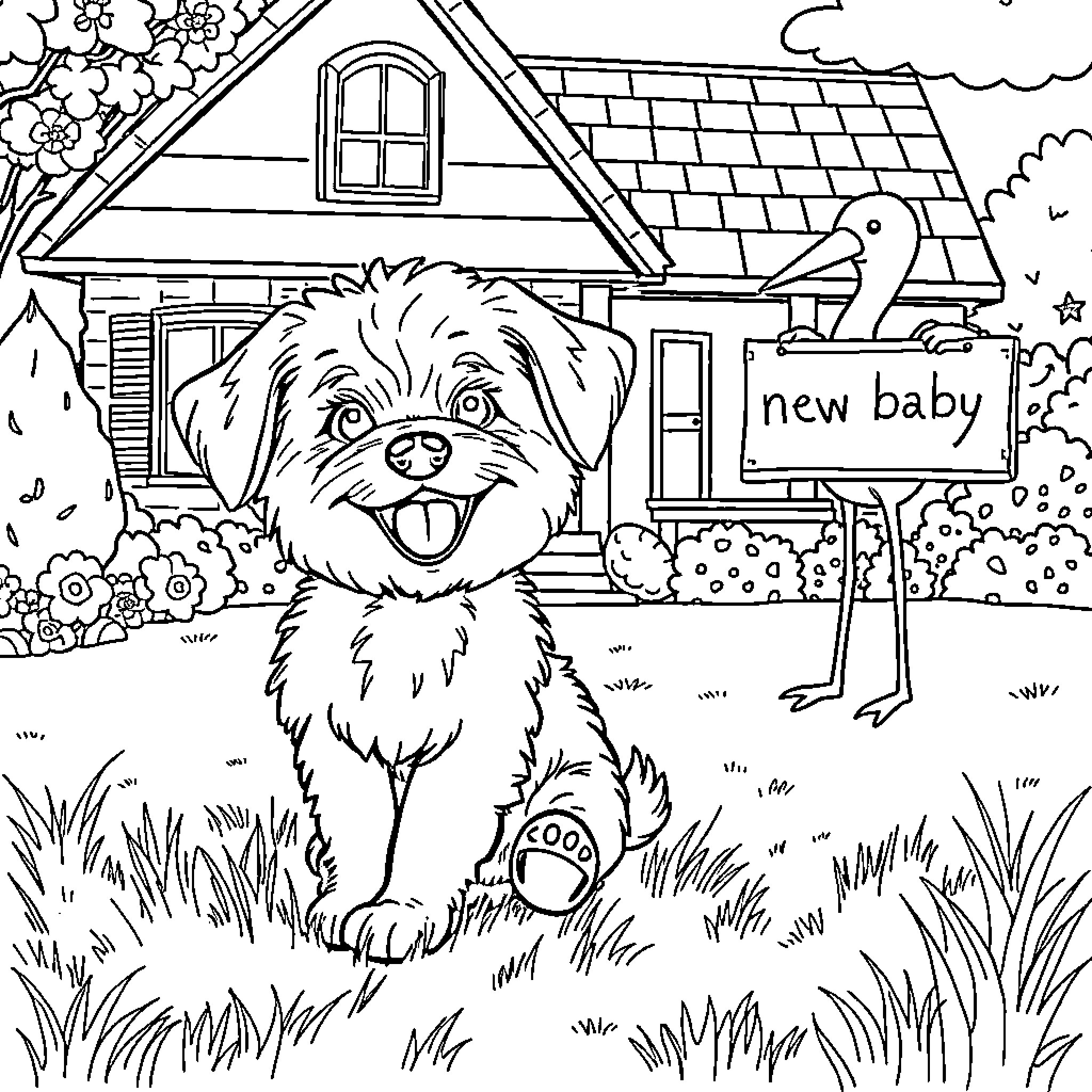 Yorkipoo pup with new baby sign in front yard Coloring Page (free black-and-white line drawing printable PDF for all, from beginners to advanced learners, including children, teens, adults, and seniors)