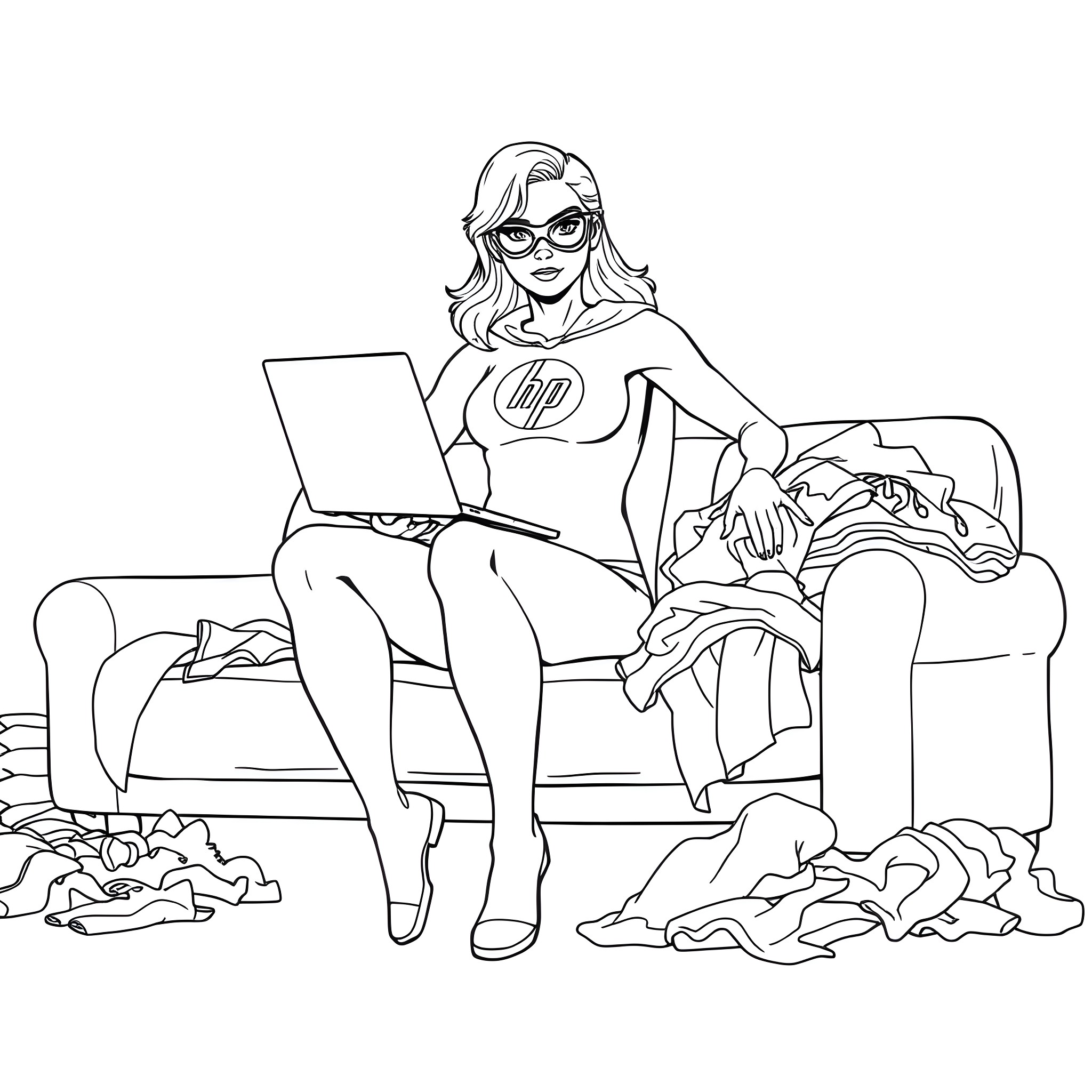 Superhero relaxing at home with laptop Coloring Page (free black-and-white line drawing printable PDF for all, from beginners to advanced learners, including children, teens, adults, and seniors)