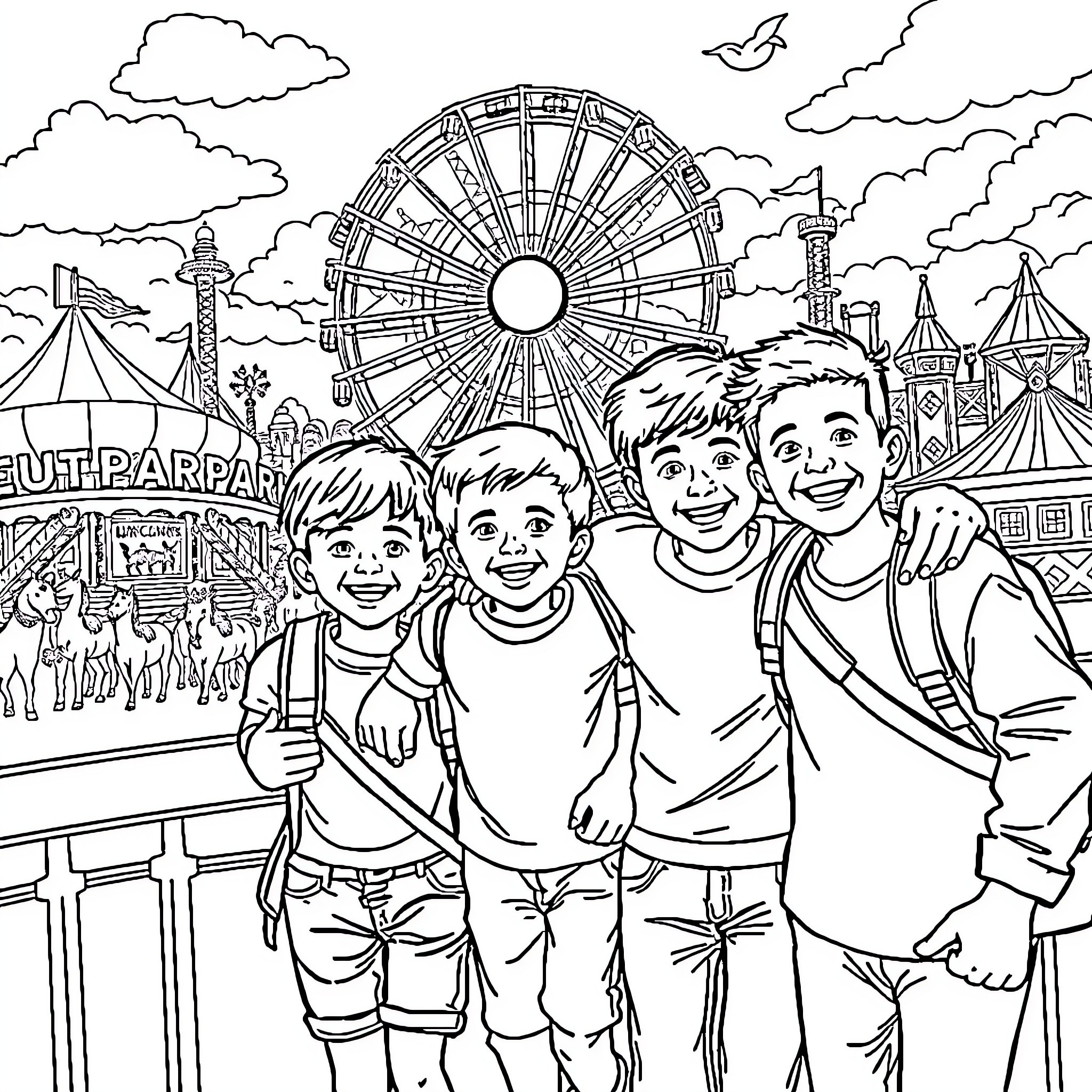 Family having fun at the amusement park Coloring Page (free black-and-white line drawing printable PDF for all, from beginners to advanced learners, including children, teens, adults, and seniors)