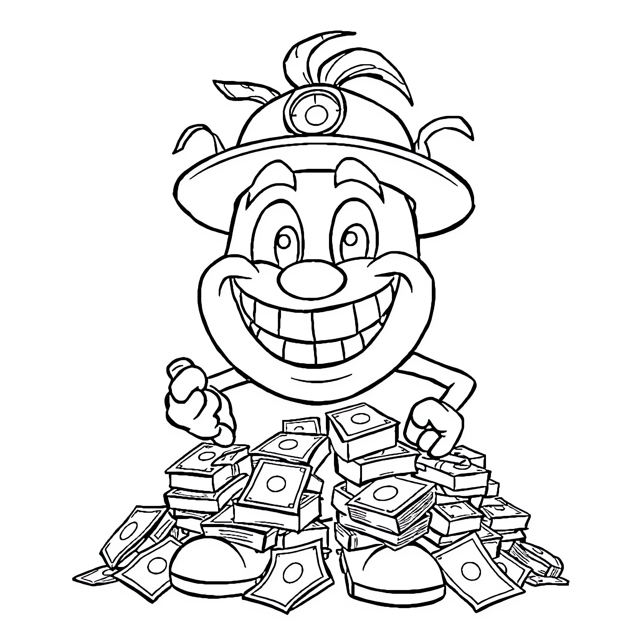 Picsous delightful cartoon character with money Coloring Page (free black-and-white line drawing printable PDF for all, from beginners to advanced learners, including children, teens, adults, and seniors)