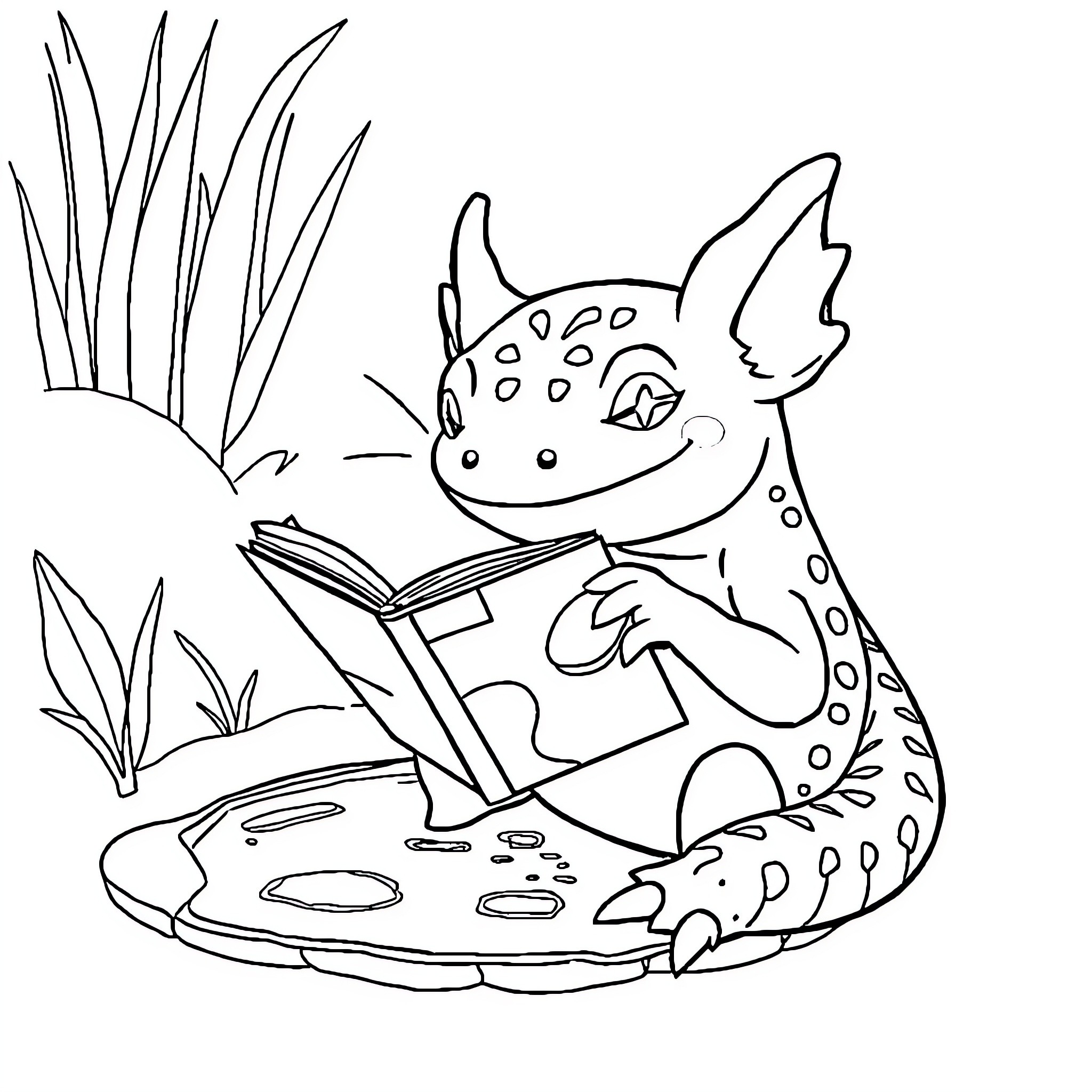 Axolotl reading a book in the pond Coloring Page (free black-and-white line drawing printable PDF for all, from beginners to advanced learners, including children, teens, adults, and seniors)