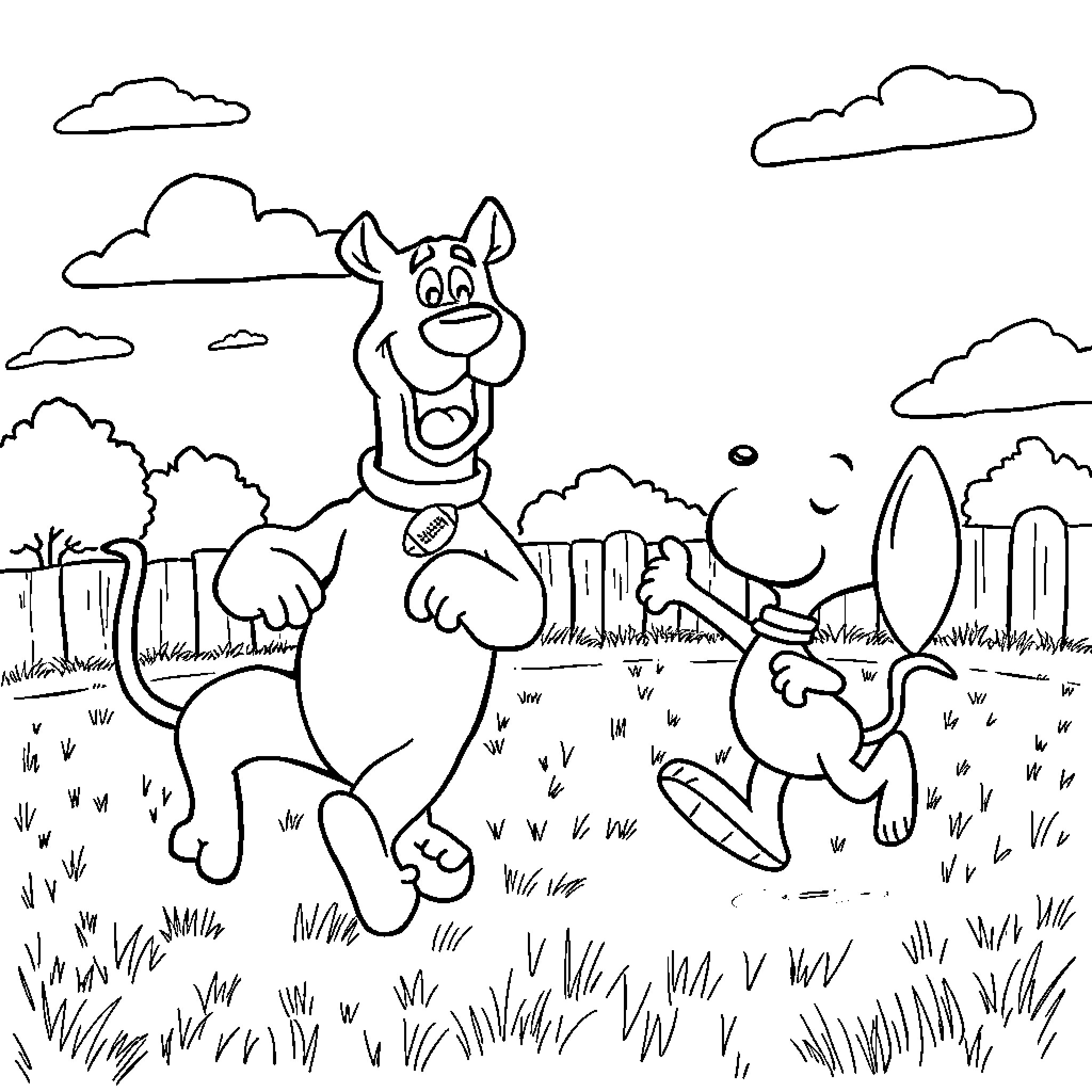 Scooby Doo and Shaggy playing in a field Coloring Page (free black-and-white line drawing printable PDF for all, from beginners to advanced learners, including children, teens, adults, and seniors)