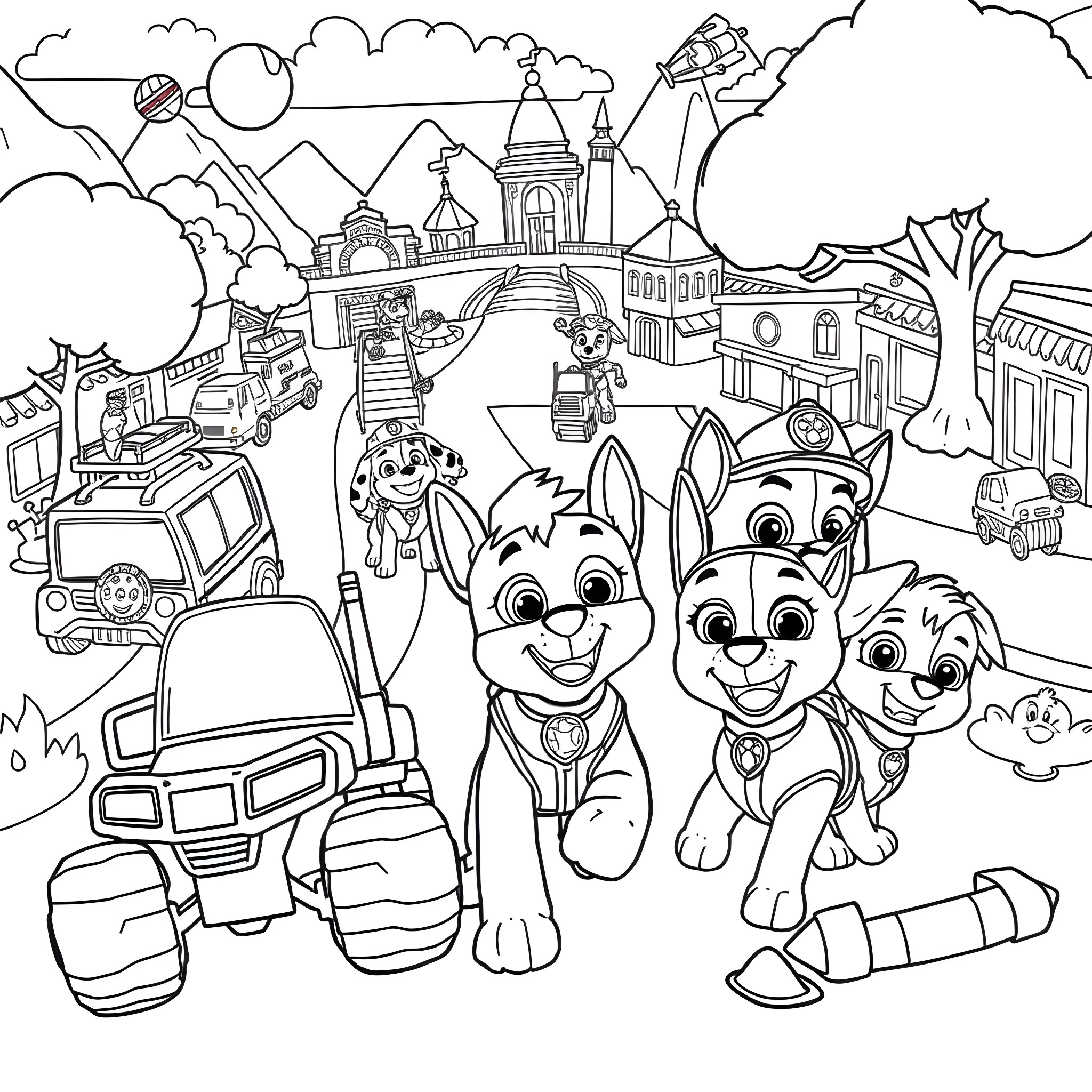 Paw Patrol characters in an adventure scene Coloring Page (free black-and-white line drawing printable PDF for all, from beginners to advanced learners, including children, teens, adults, and seniors)