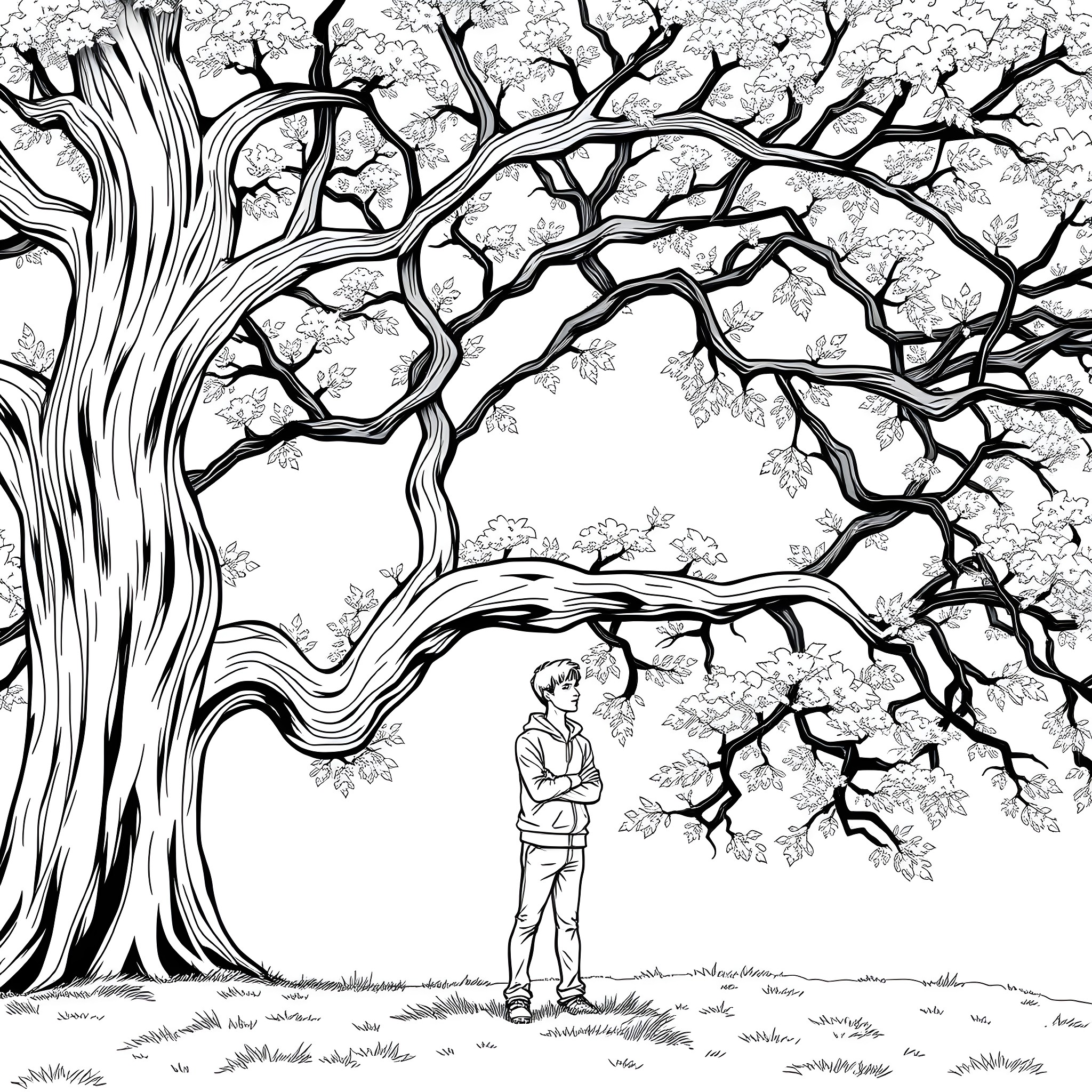 Man standing beneath a majestic tree Coloring Page (free black-and-white line drawing printable PDF for all, from beginners to advanced learners, including children, teens, adults, and seniors)