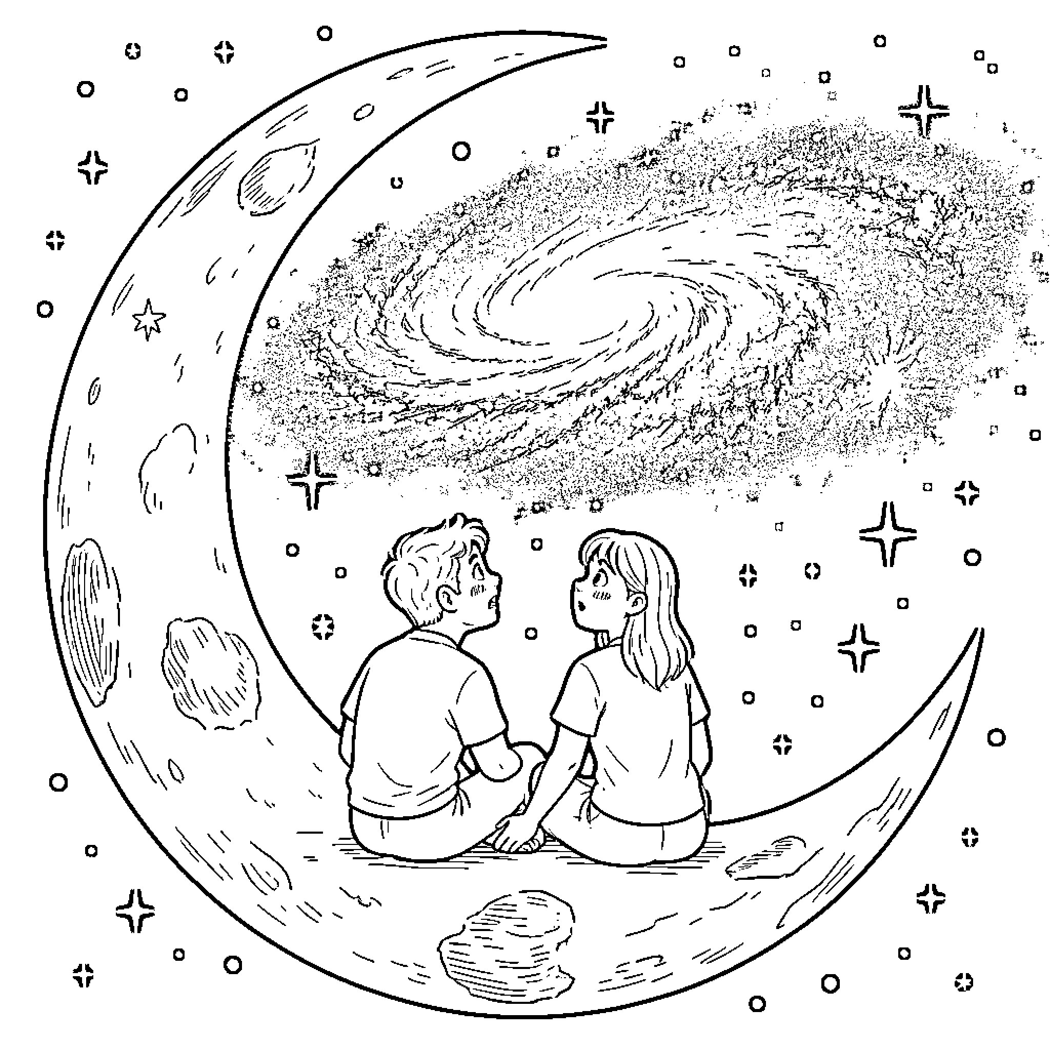 Pareja observando una galaxia espiral en la luna Coloring Page (free black-and-white line drawing printable PDF for all, from beginners to advanced learners, including children, teens, adults, and seniors)