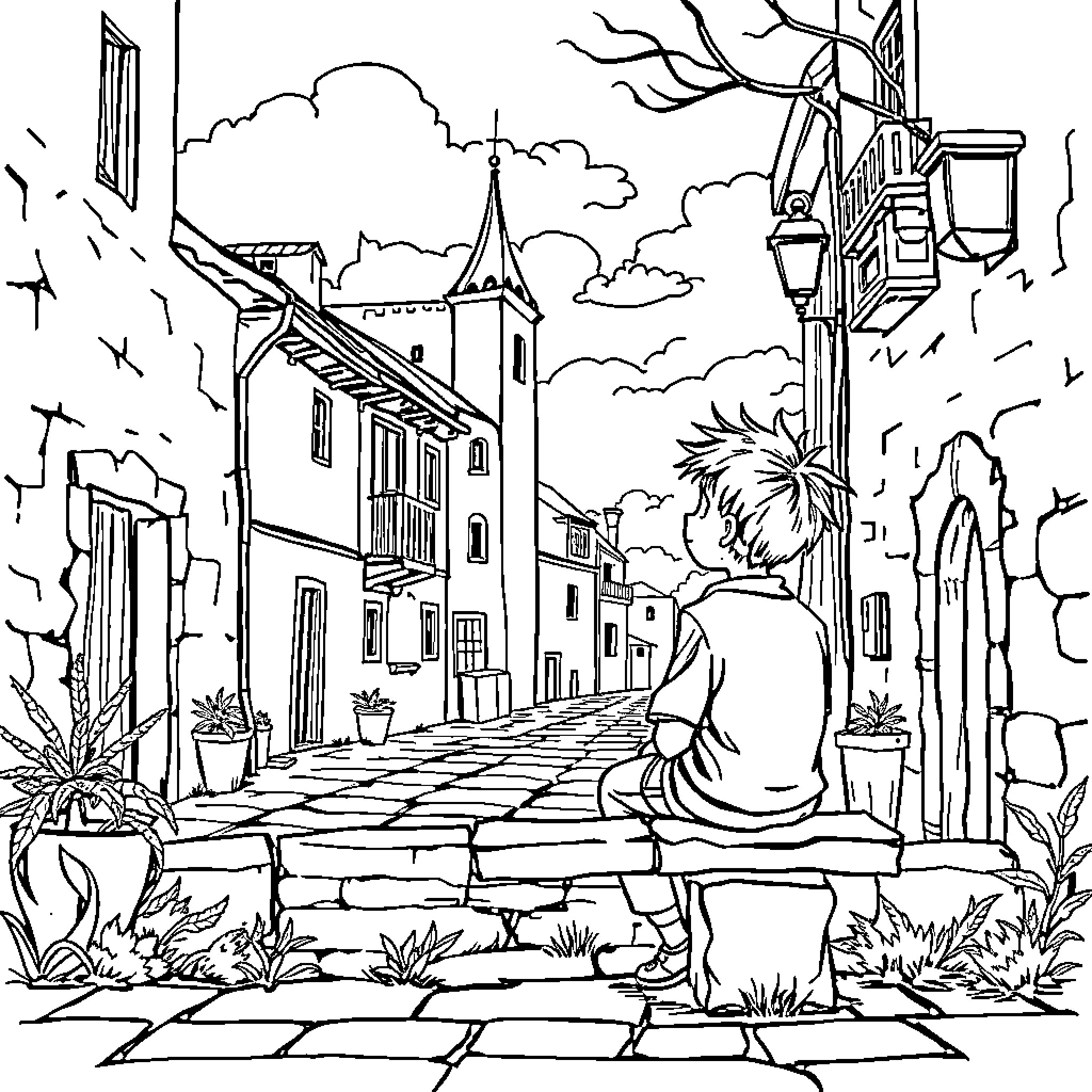 Boy walking alone in a small town Coloring Page (free black-and-white line drawing printable PDF for all, from beginners to advanced learners, including children, teens, adults, and seniors)