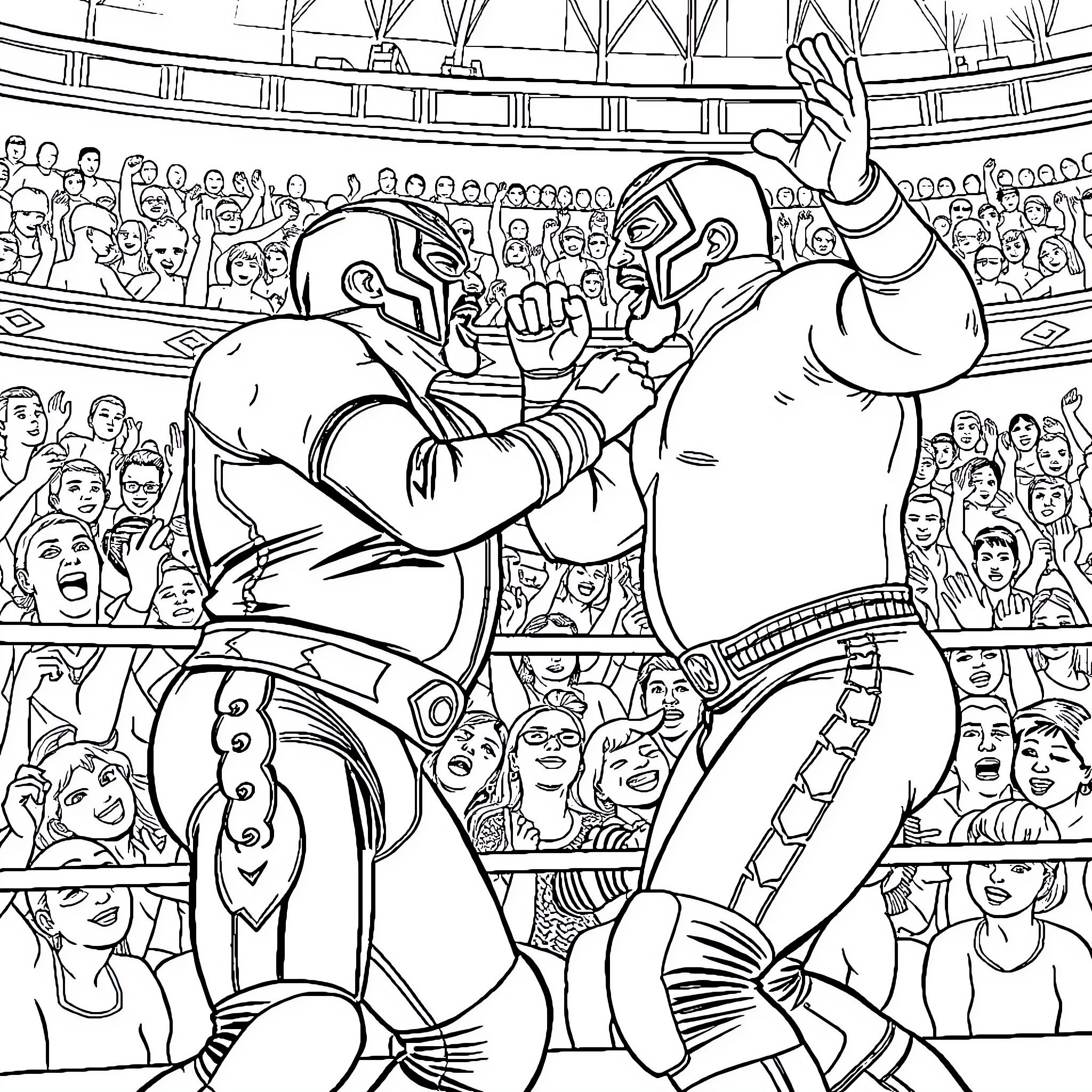 Wrestler grappling intensely in front of a cheering crowd Coloring Page (free black-and-white line drawing printable PDF for all, from beginners to advanced learners, including children, teens, adults, and seniors)