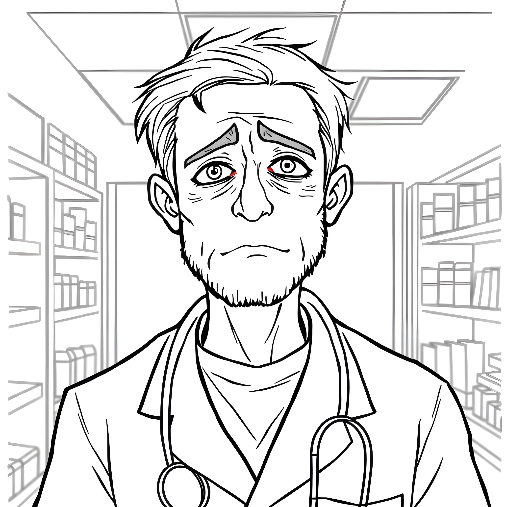 Pharmacist providing medical care with concern Coloring Page (free black-and-white line drawing printable PDF for all, from beginners to advanced learners, including children, teens, adults, and seniors)