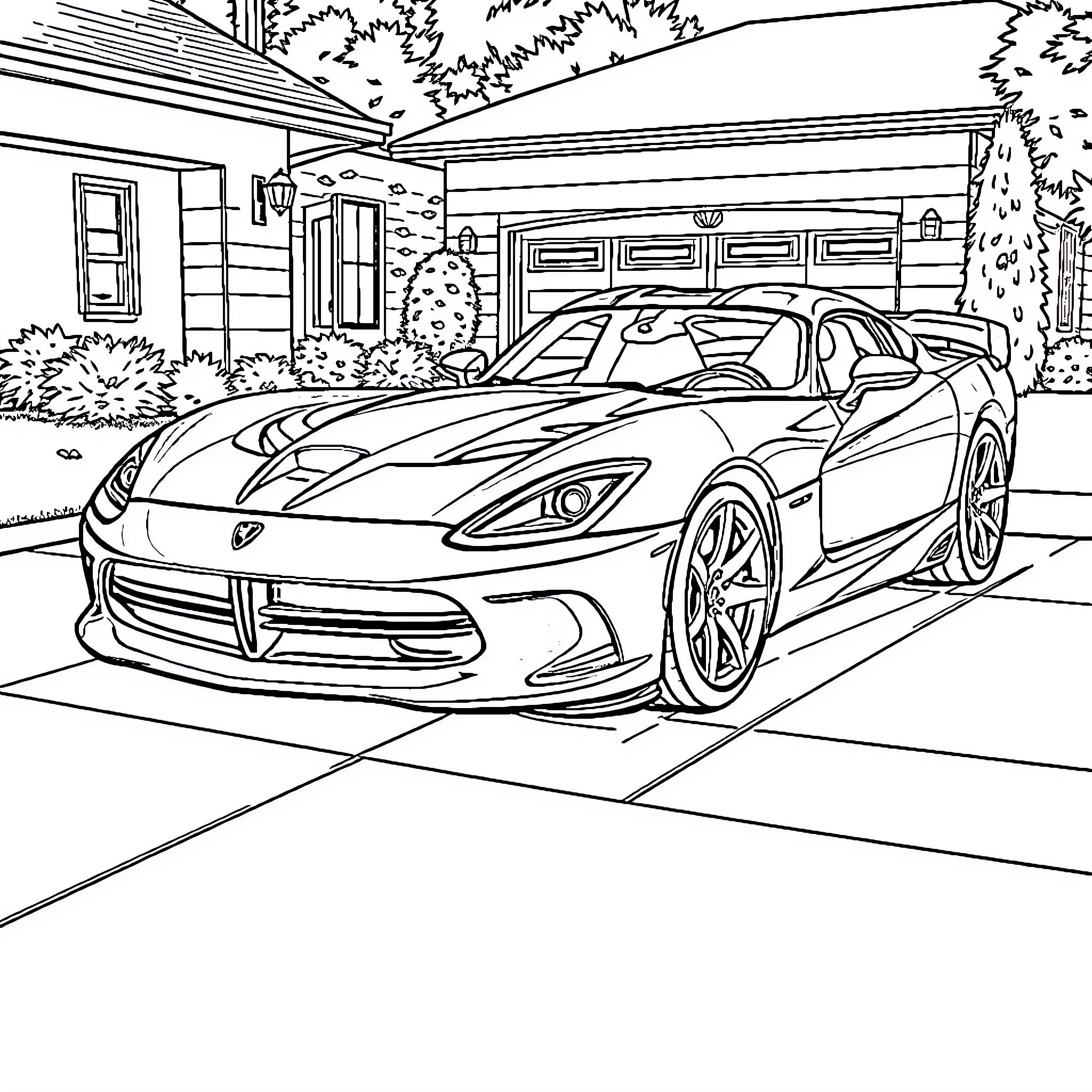 Dodge Viper parked in front of a house Coloring Page (free black-and-white line drawing printable PDF for all, from beginners to advanced learners, including children, teens, adults, and seniors)