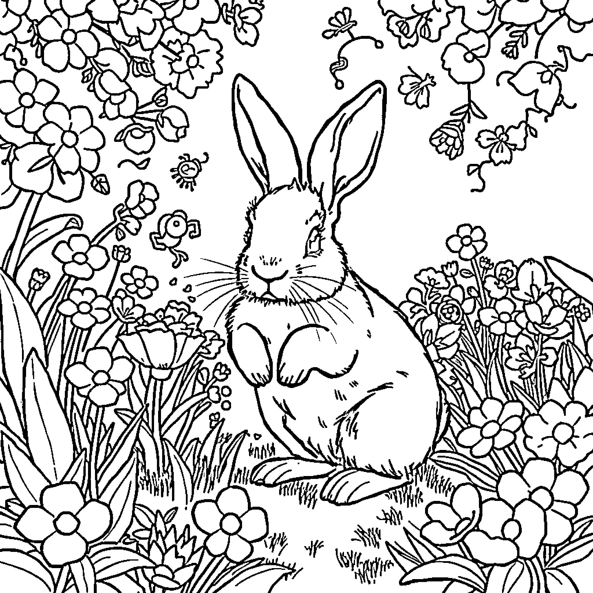 Rabbit sitting amidst blooming flowers Coloring Page (free black-and-white line drawing printable PDF for all, from beginners to advanced learners, including children, teens, adults, and seniors)