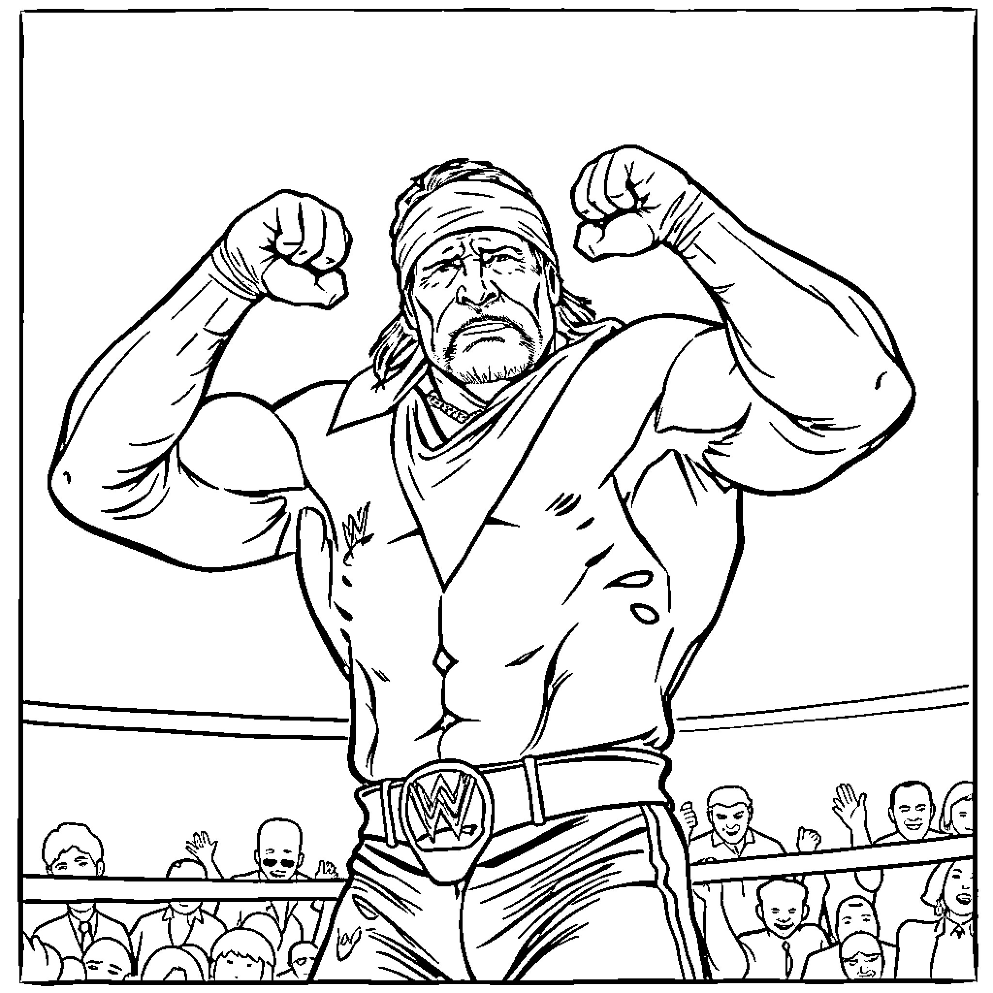 Hulk Hogan flexing muscles in wrestling ring Coloring Page (free black-and-white line drawing printable PDF for all, from beginners to advanced learners, including children, teens, adults, and seniors)