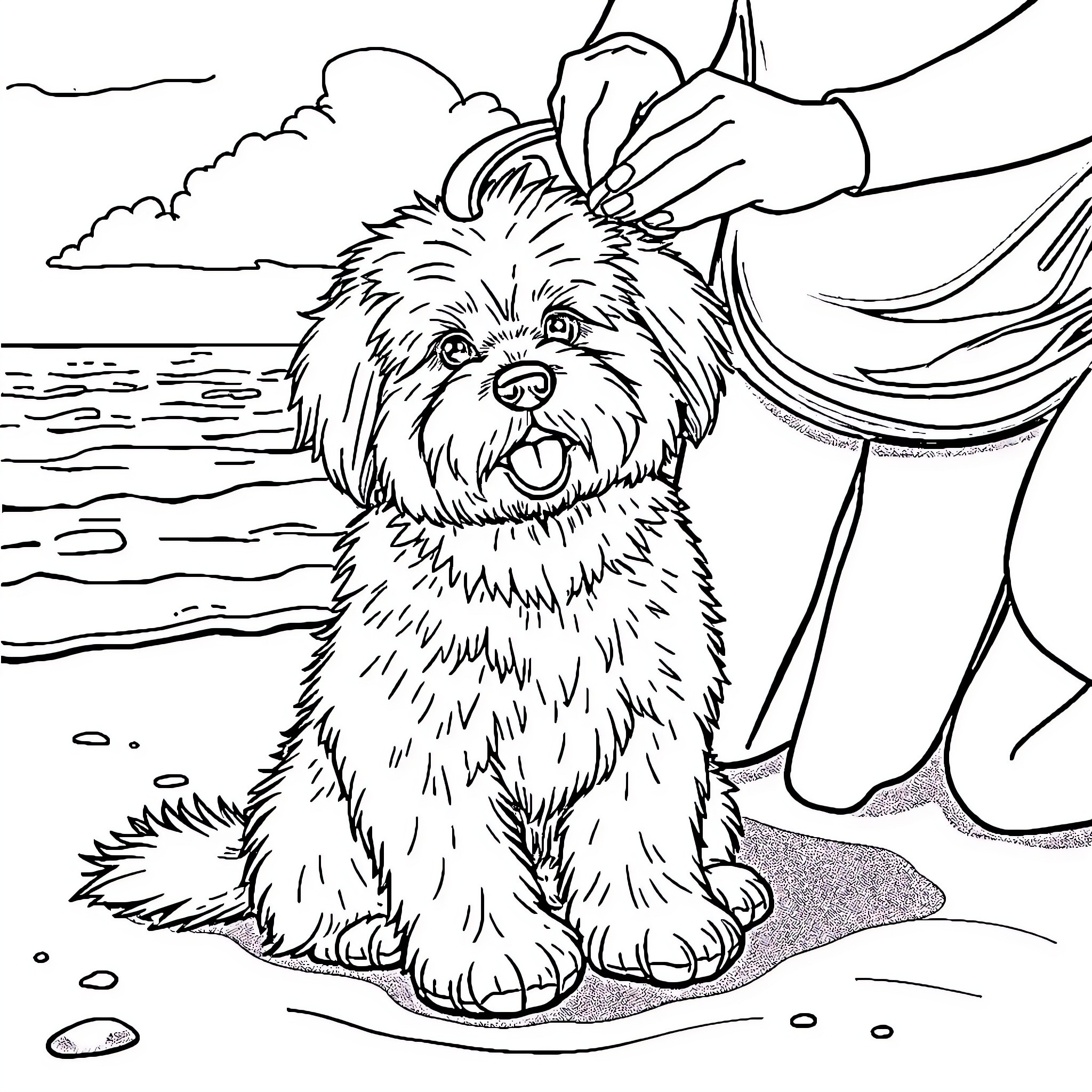 Dog enjoying gentle petting on the beach Coloring Page (free black-and-white line drawing printable PDF for all, from beginners to advanced learners, including children, teens, adults, and seniors)