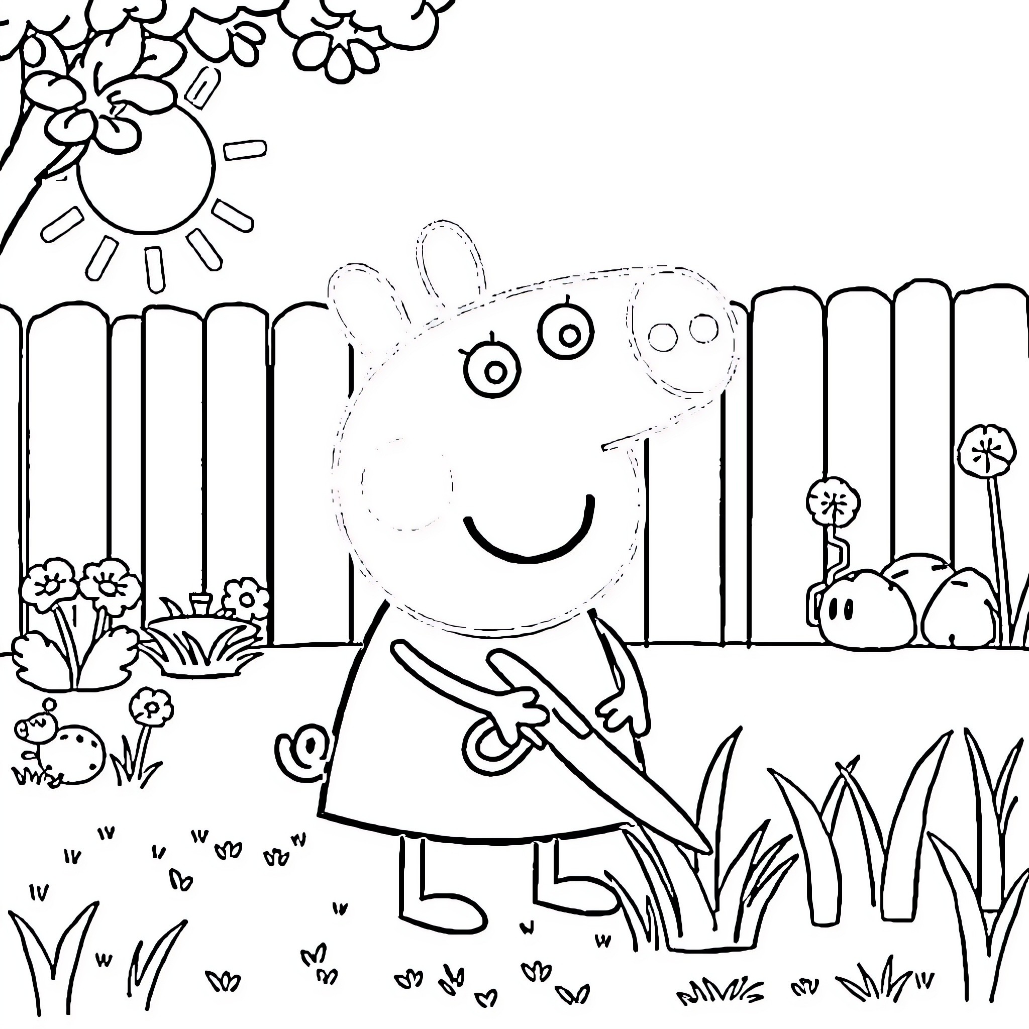 Peppa Pig happily exploring a garden scene Coloring Page (free black-and-white line drawing printable PDF for all, from beginners to advanced learners, including children, teens, adults, and seniors)