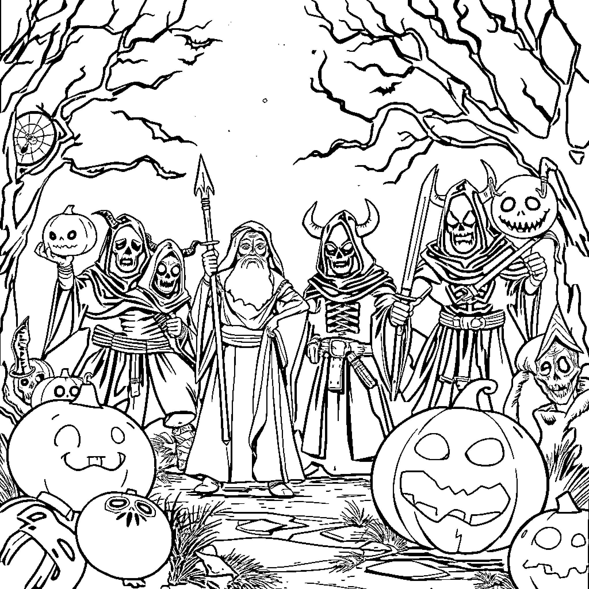 Demon Spirits Gather in the Haunted Forest Coloring Page (free black-and-white line drawing printable PDF for all, from beginners to advanced learners, including children, teens, adults, and seniors)