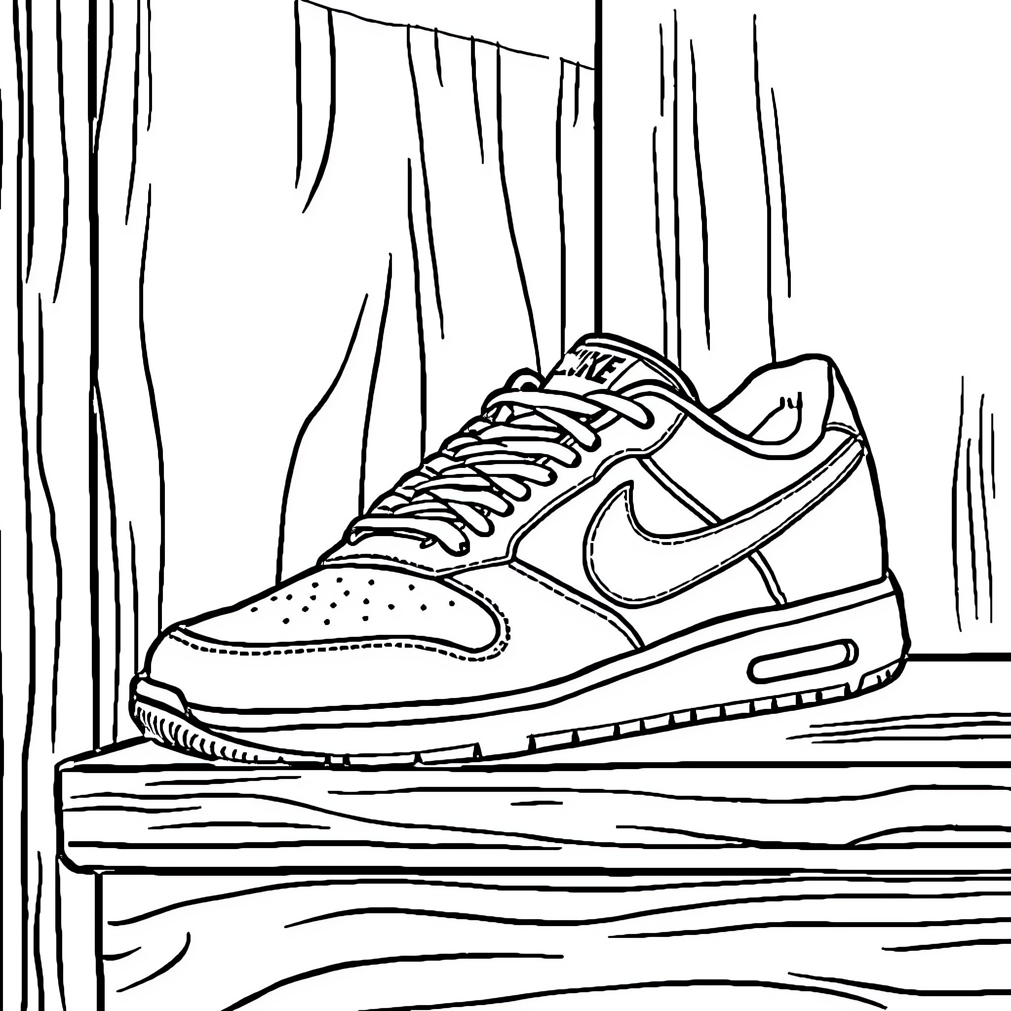 Nike Sneakers on Wooden Surface Coloring Page (free black-and-white line drawing printable PDF for all, from beginners to advanced learners, including children, teens, adults, and seniors)