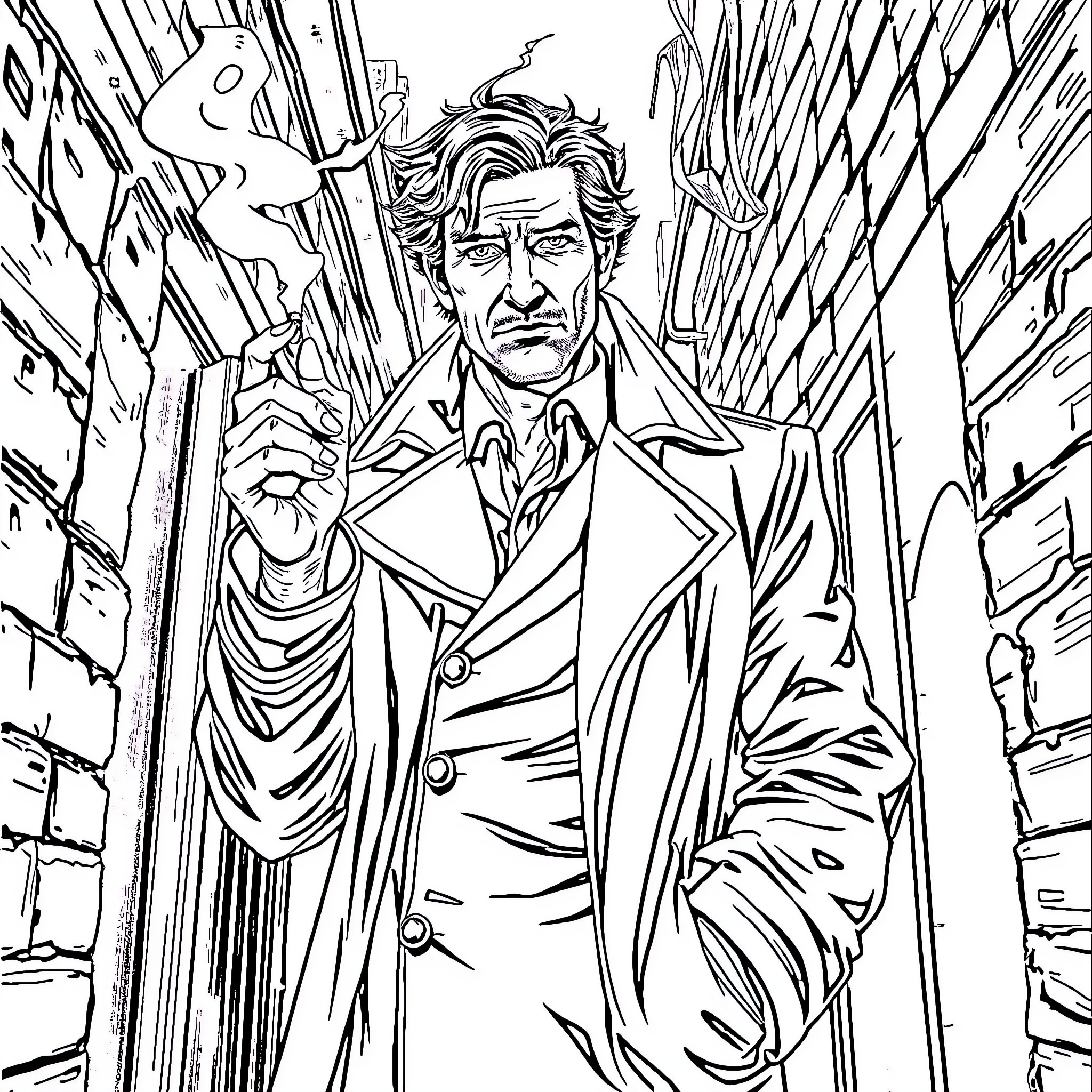 John Constantine Facing Supernatural Challenges in a Dark City Coloring Page (free black-and-white line drawing printable PDF for all, from beginners to advanced learners, including children, teens, adults, and seniors)