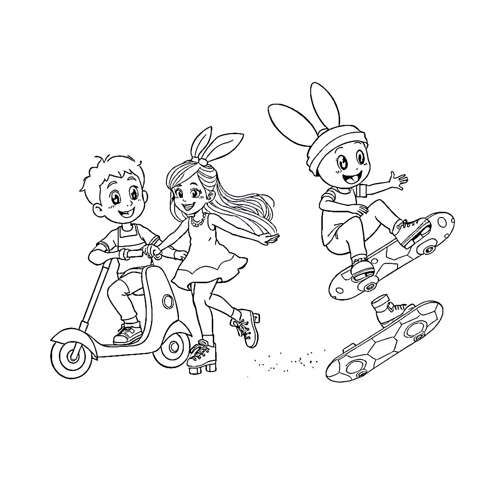 Tchoupi and friends have fun adventures Coloring Page (free black-and-white line drawing printable PDF for all, from beginners to advanced learners, including children, teens, adults, and seniors)