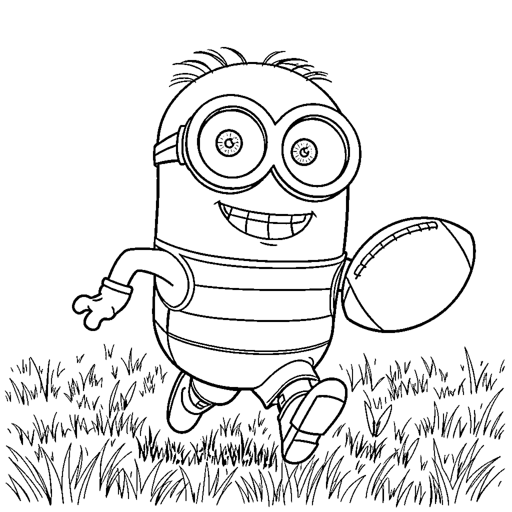 Minion playing joyfully in the grass Coloring Page (free black-and-white line drawing printable PDF for all, from beginners to advanced learners, including children, teens, adults, and seniors)