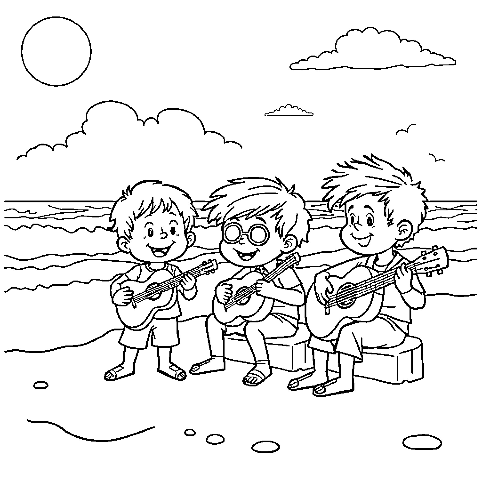 Little Einsteins playing guitars on the beach Coloring Page (free black-and-white line drawing printable PDF for all, from beginners to advanced learners, including children, teens, adults, and seniors)
