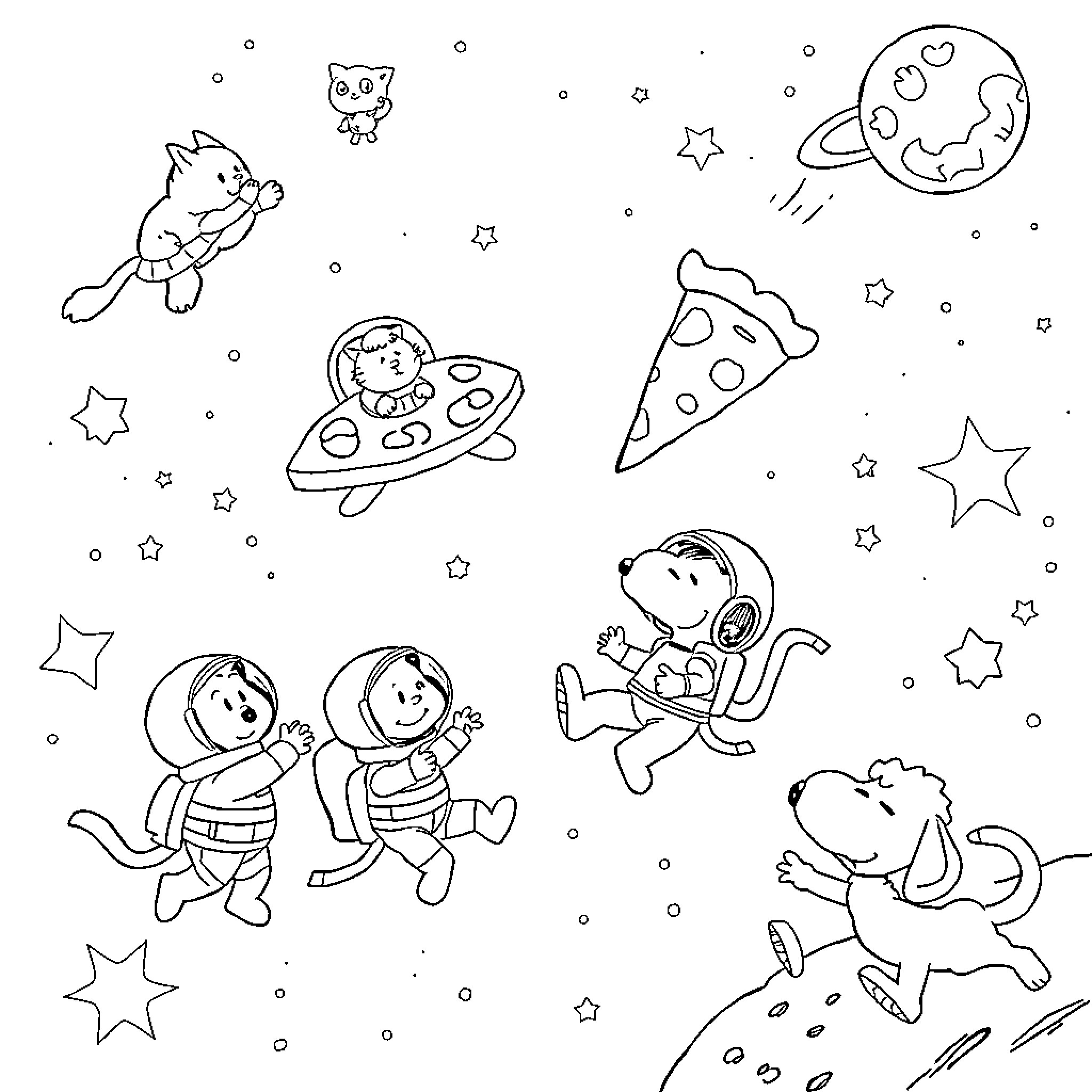 Cats in Outer Space Adventure Coloring Page (free black-and-white line drawing printable PDF for all, from beginners to advanced learners, including children, teens, adults, and seniors)