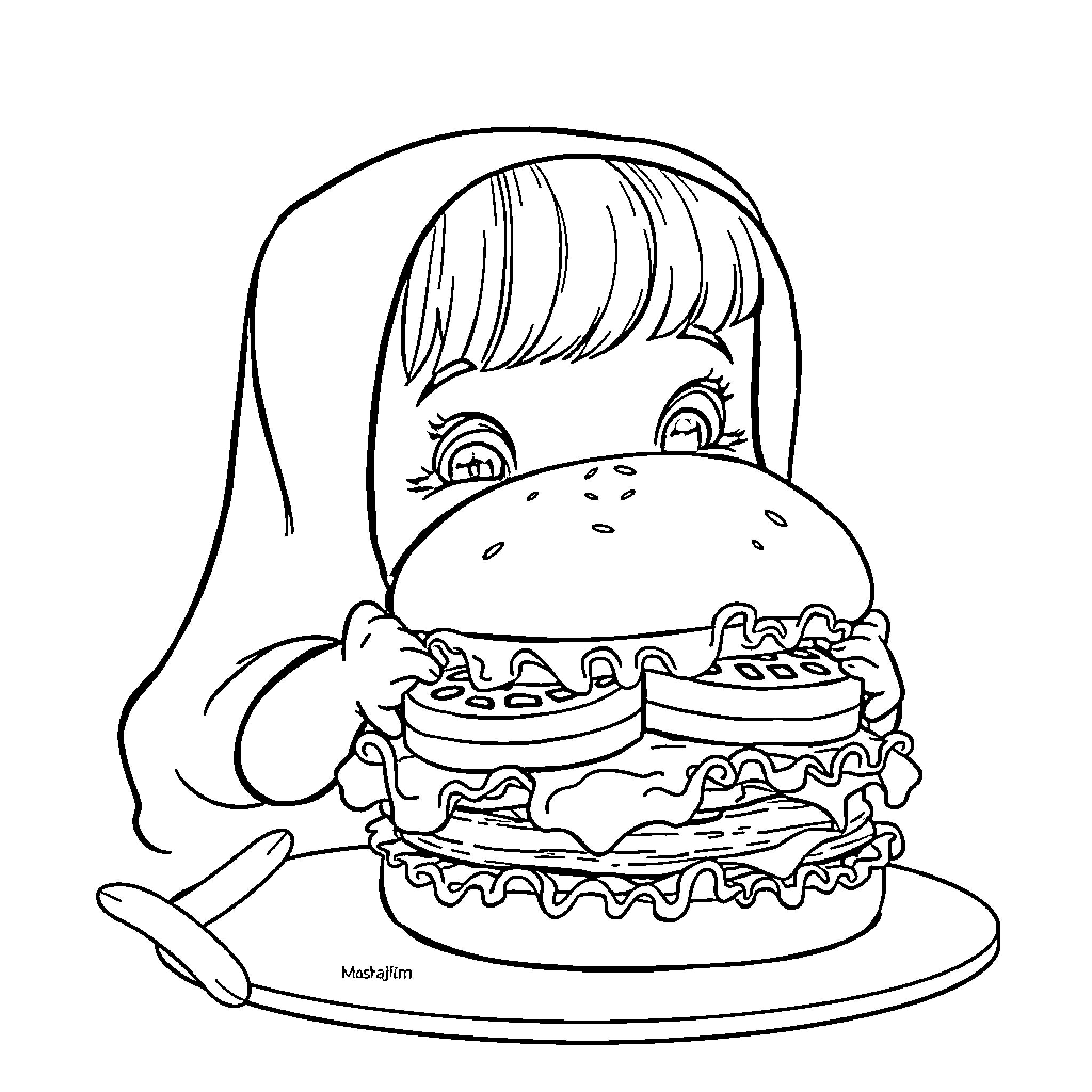 Masha's Delightful Burger Feast Coloring Page (free black-and-white line drawing printable PDF for all, from beginners to advanced learners, including children, teens, adults, and seniors)