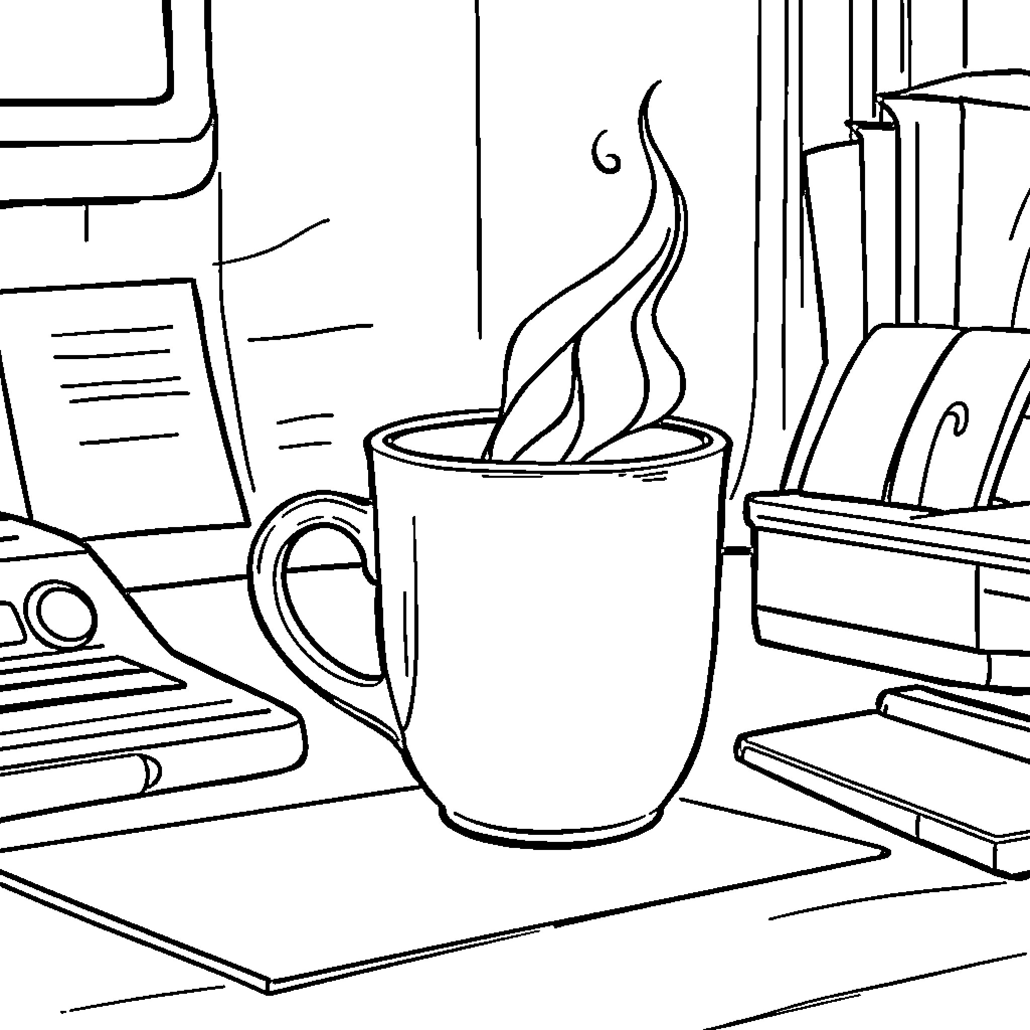 Coffee Break on Busy Workday Coloring Page (free black-and-white line drawing printable PDF for all, from beginners to advanced learners, including children, teens, adults, and seniors)