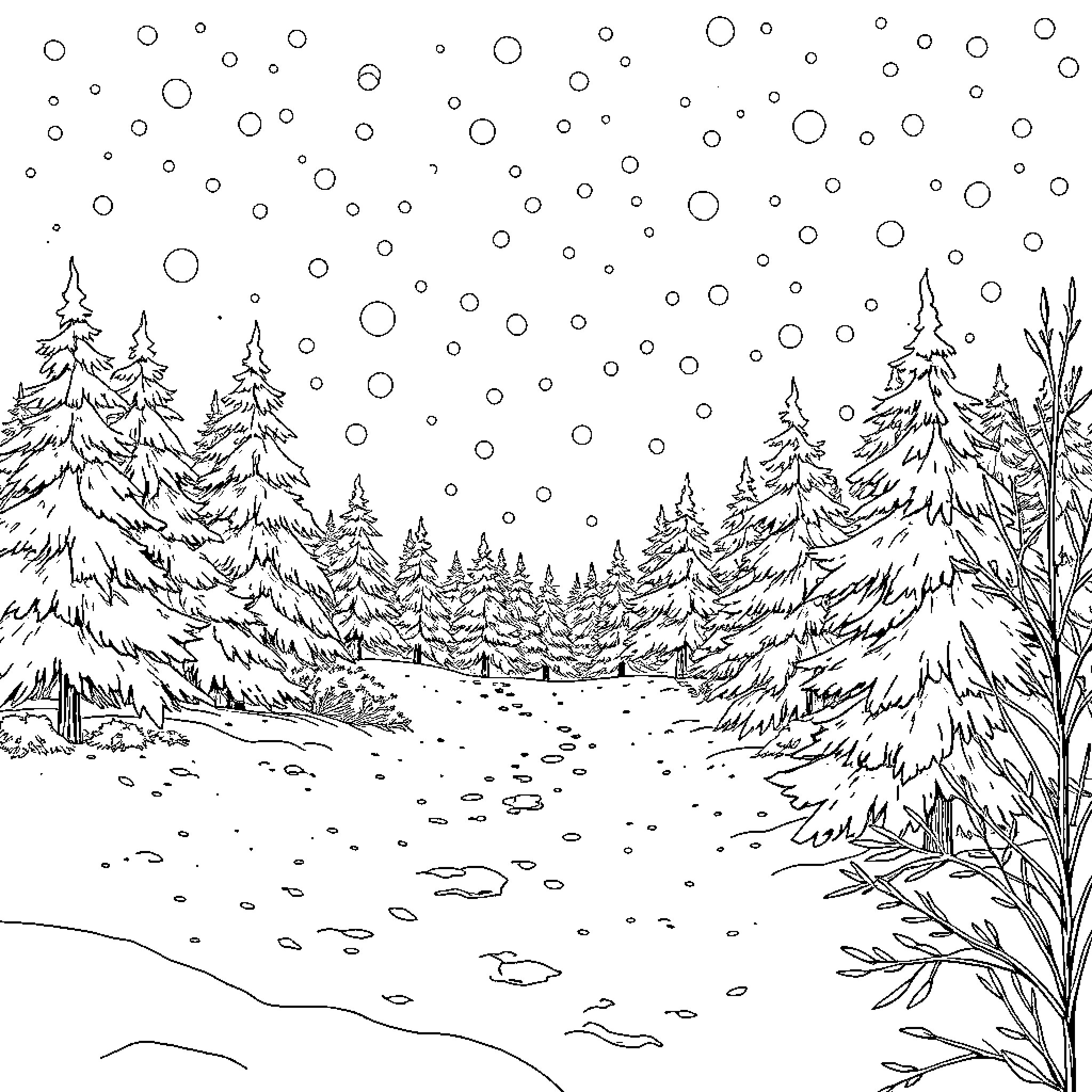 Winter Wonderland in the Snowy Forest Coloring Page (free black-and-white line drawing printable PDF for all, from beginners to advanced learners, including children, teens, adults, and seniors)