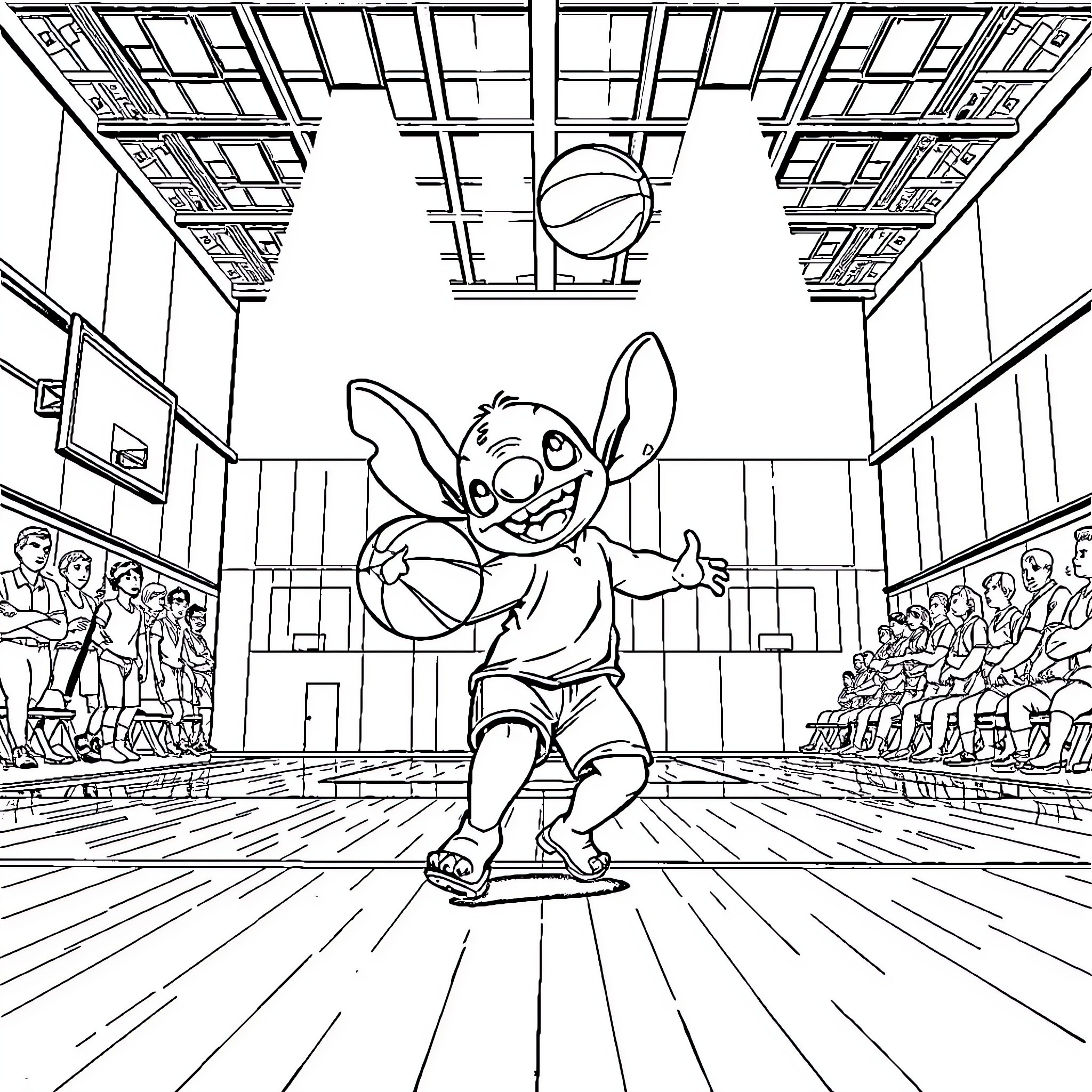 Stitch Skating in a Basketball Court Coloring Page (free black-and-white line drawing printable PDF for all, from beginners to advanced learners, including children, teens, adults, and seniors)