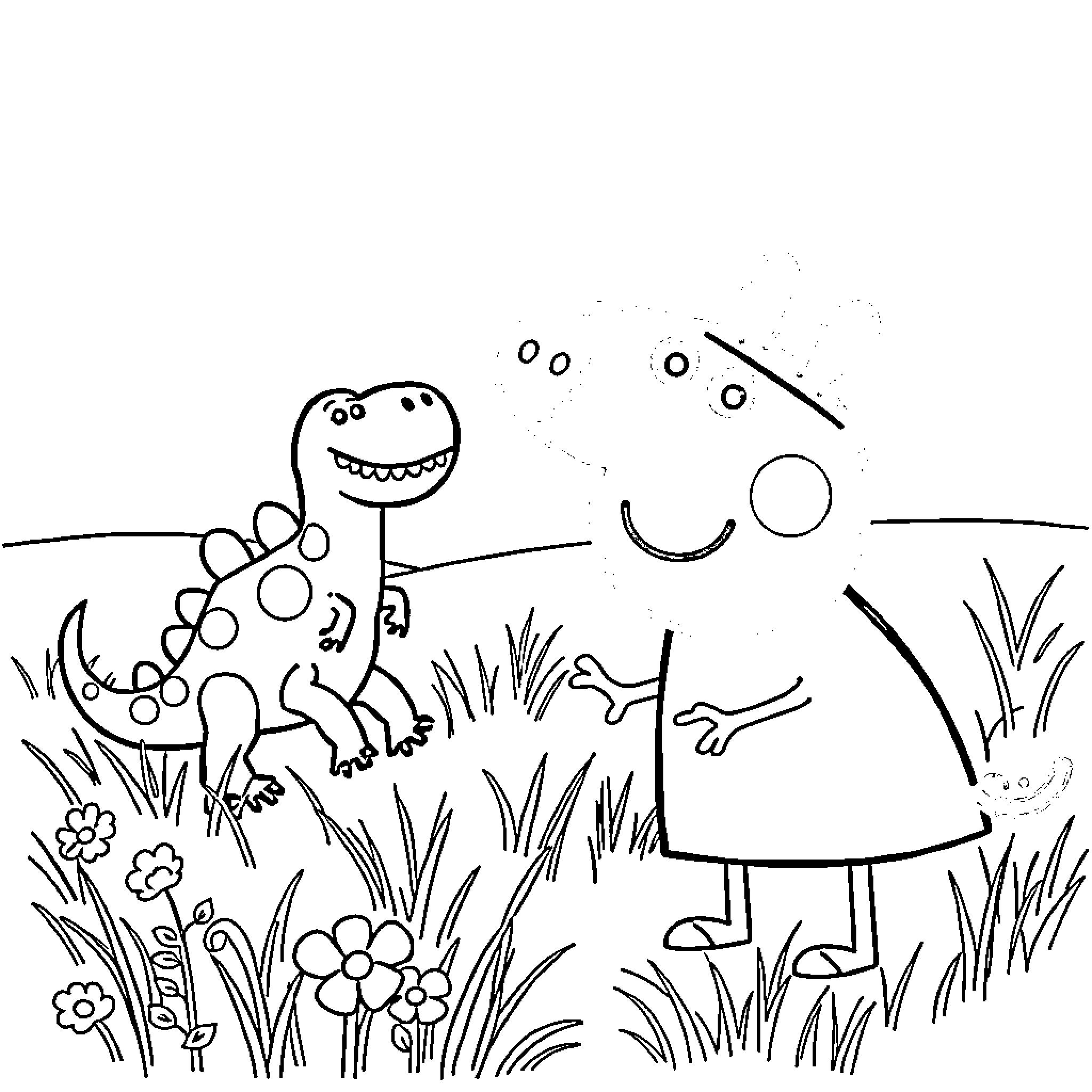 Pepa Pig enjoying a day in the meadow Coloring Page (free black-and-white line drawing printable PDF for all, from beginners to advanced learners, including children, teens, adults, and seniors)