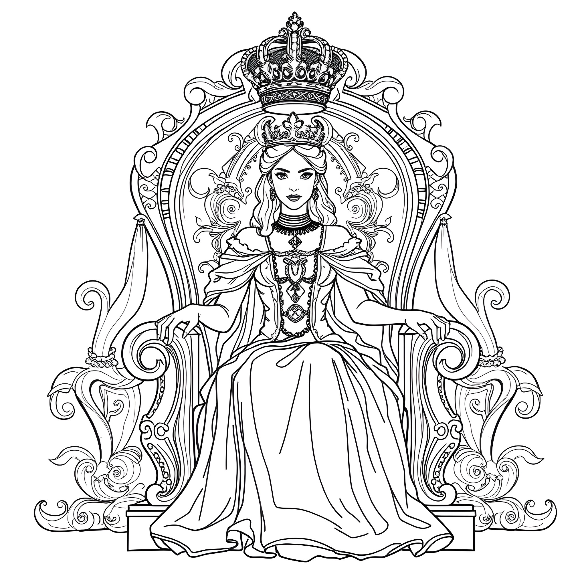 Queen sitting on an ornate throne with crown Coloring Page (free black-and-white line drawing printable PDF for all, from beginners to advanced learners, including children, teens, adults, and seniors)