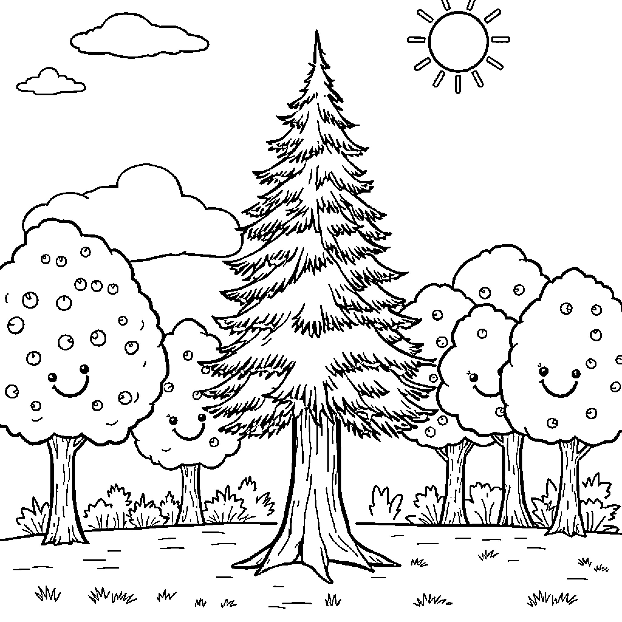 Pine Tree Landscape with Smiling Trees Coloring Page (free black-and-white line drawing printable PDF for all, from beginners to advanced learners, including children, teens, adults, and seniors)