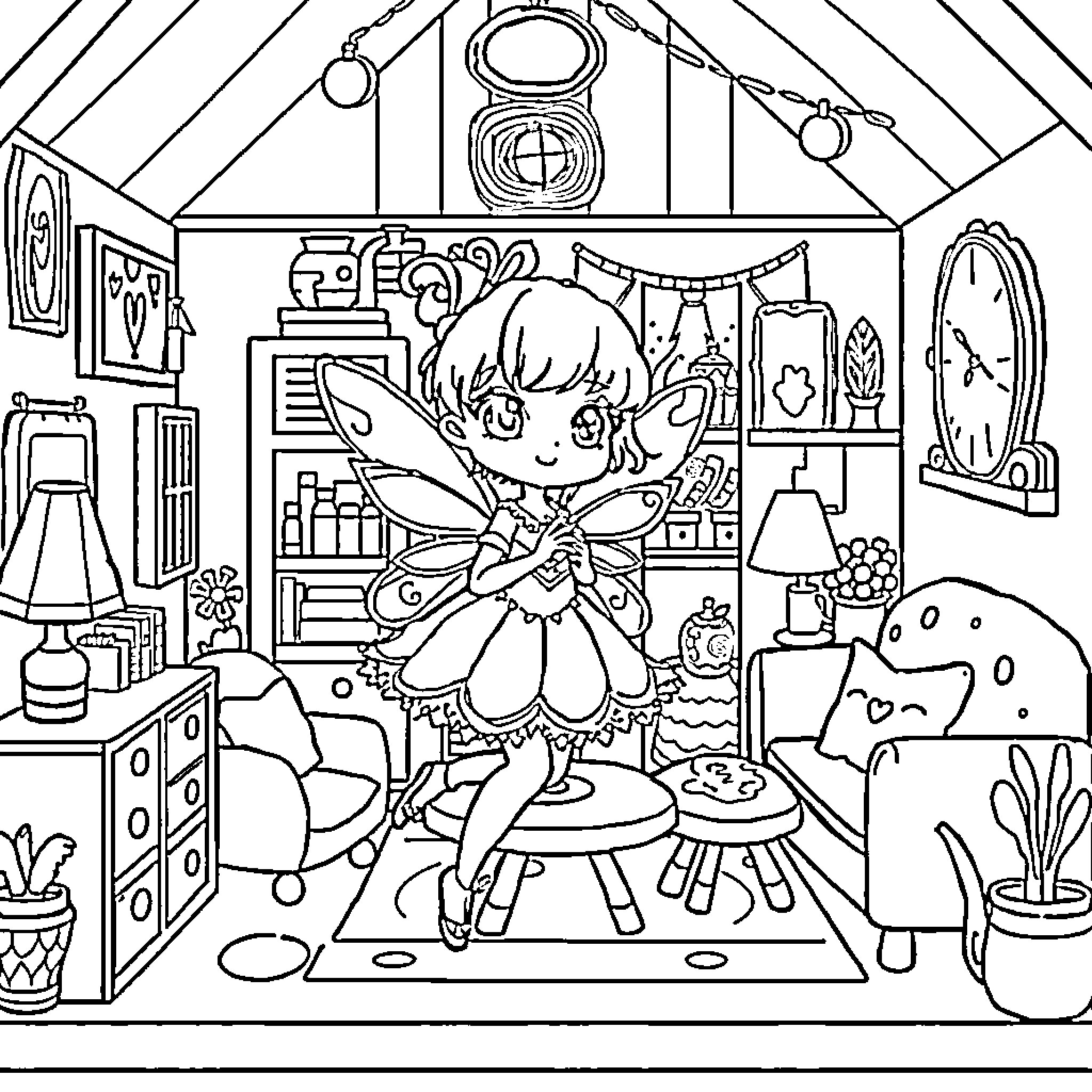 Yakari's Magical Fairy Workshop Coloring Page (free black-and-white line drawing printable PDF for all, from beginners to advanced learners, including children, teens, adults, and seniors)