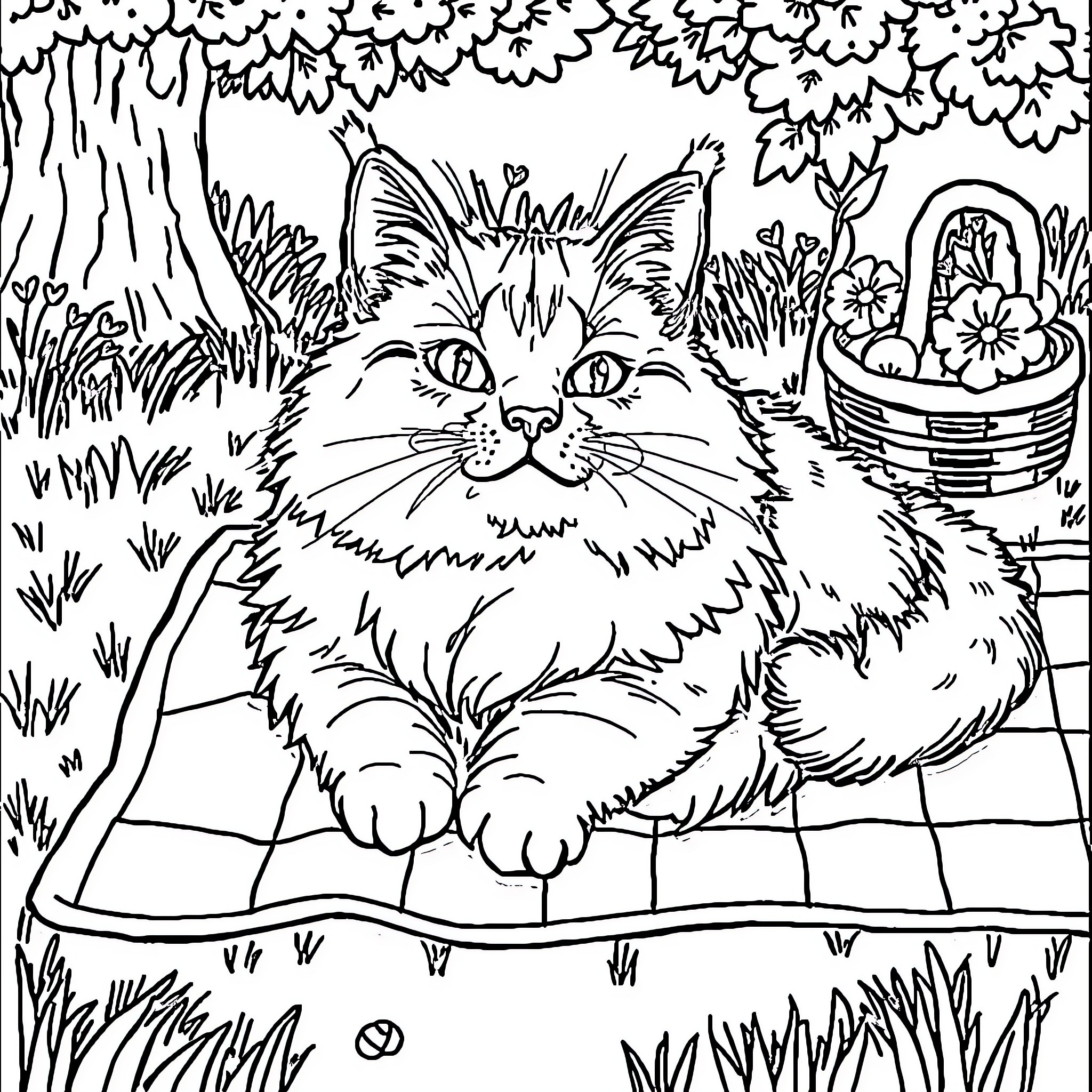 Blob Cat lounging in a cozy outdoor setting Coloring Page (free black-and-white line drawing printable PDF for all, from beginners to advanced learners, including children, teens, adults, and seniors)