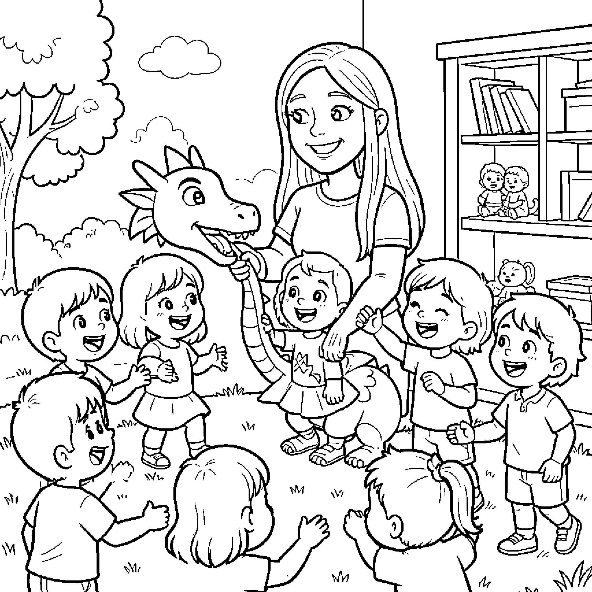 Maestra teaching and interacting with children and pets Coloring Page (free black-and-white line drawing printable PDF for all, from beginners to advanced learners, including children, teens, adults, and seniors)