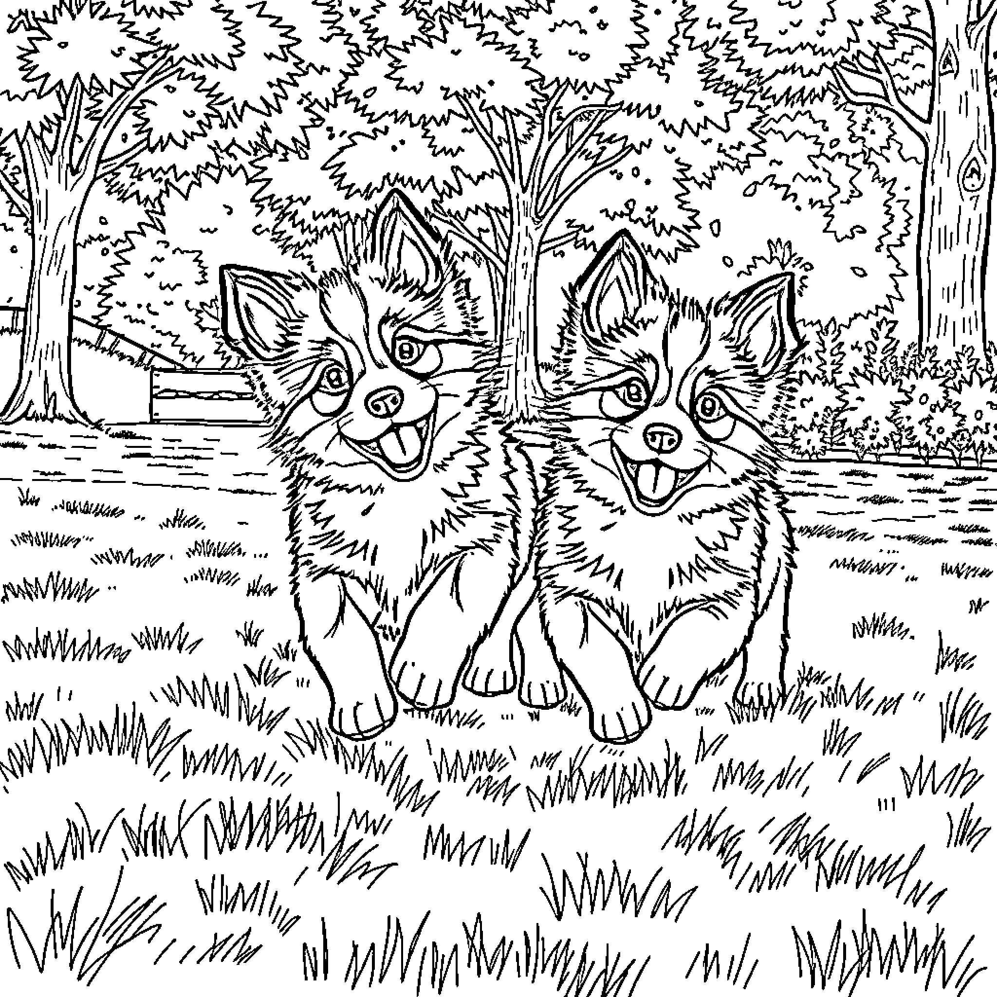 Dog pals exploring the forest together Coloring Page (free black-and-white line drawing printable PDF for all, from beginners to advanced learners, including children, teens, adults, and seniors)