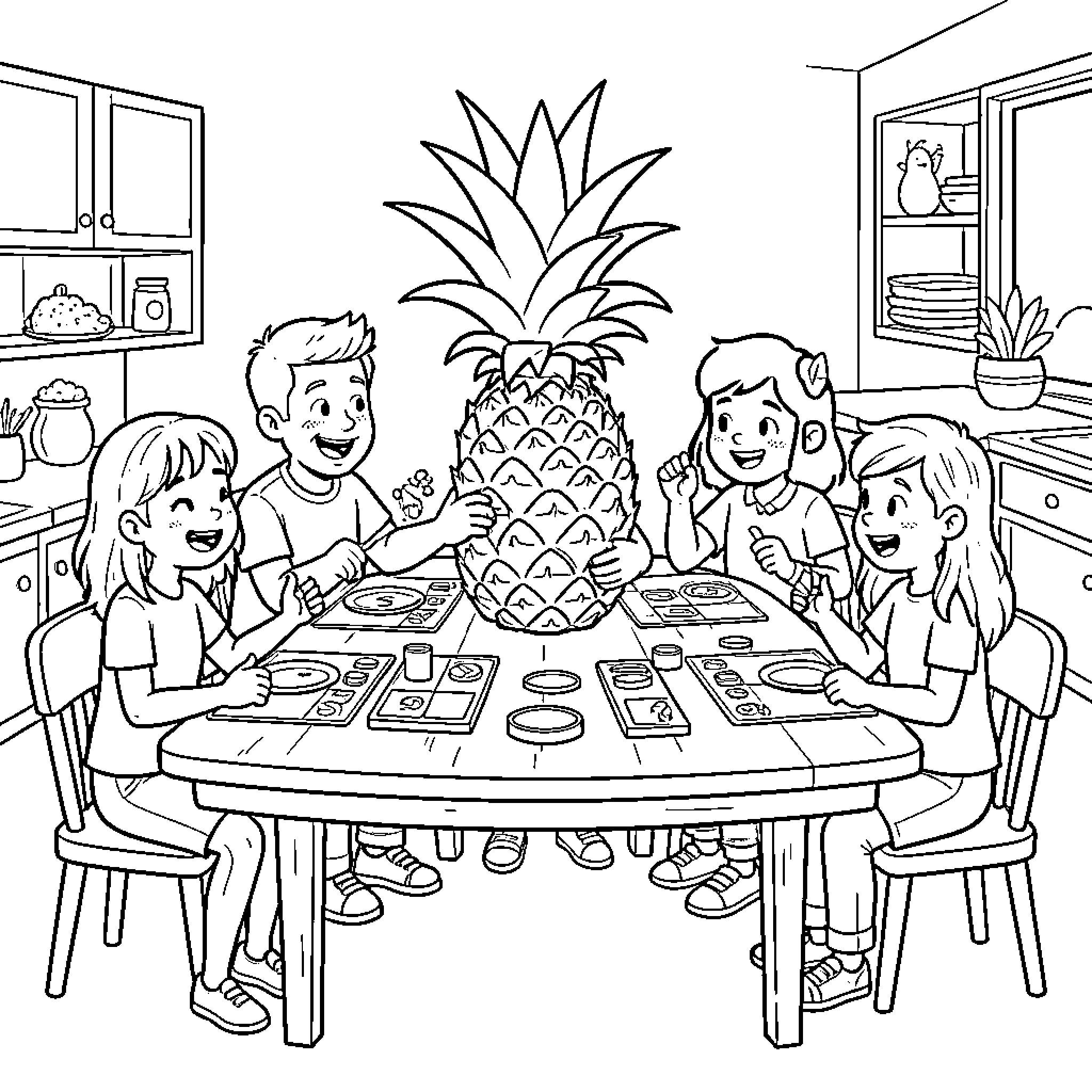 Ananas shaped centerpiece as children enjoy a meal together Coloring Page (free black-and-white line drawing printable PDF for all, from beginners to advanced learners, including children, teens, adults, and seniors)