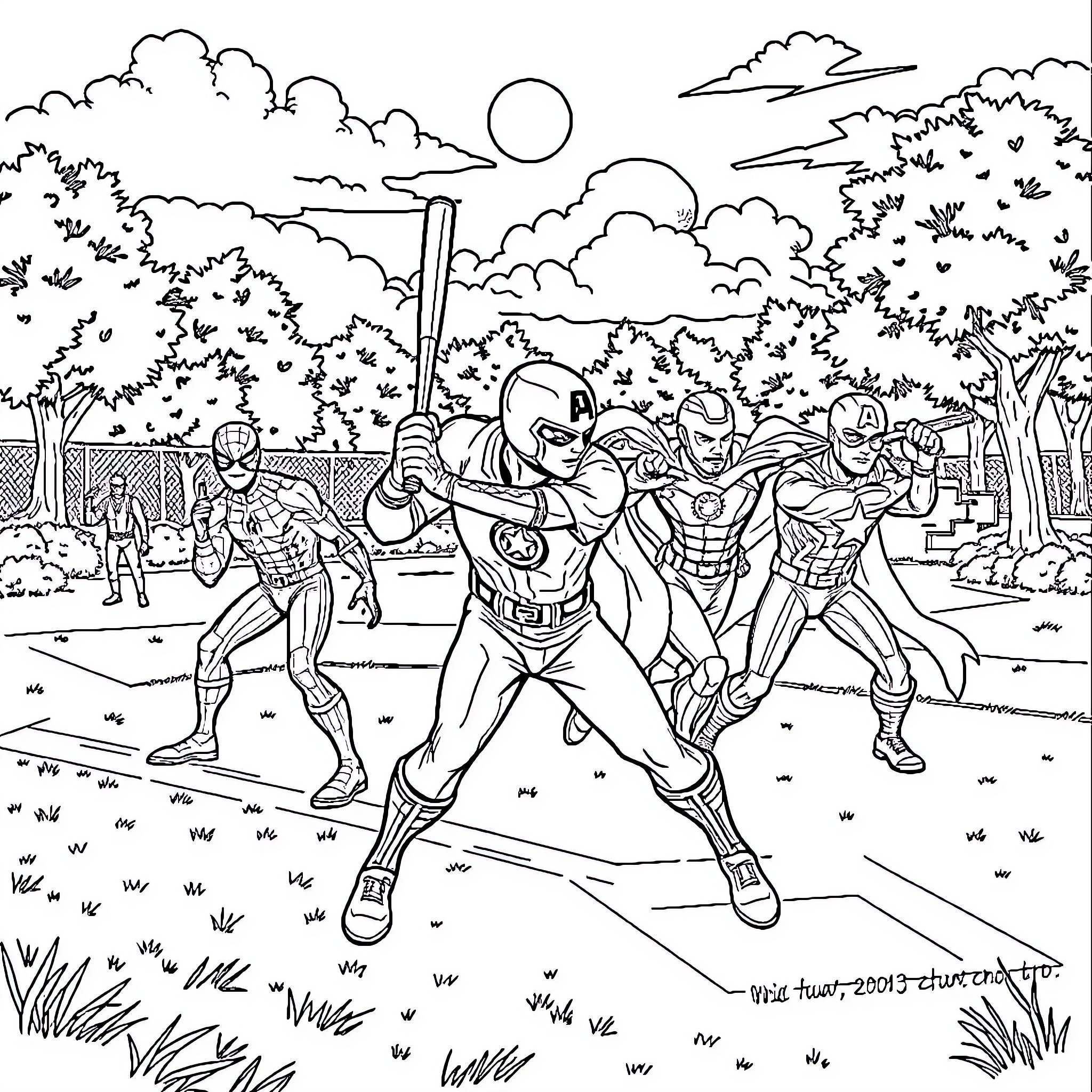 Hero heroes battling in a vibrant outdoor scene Coloring Page (free black-and-white line drawing printable PDF for all, from beginners to advanced learners, including children, teens, adults, and seniors)
