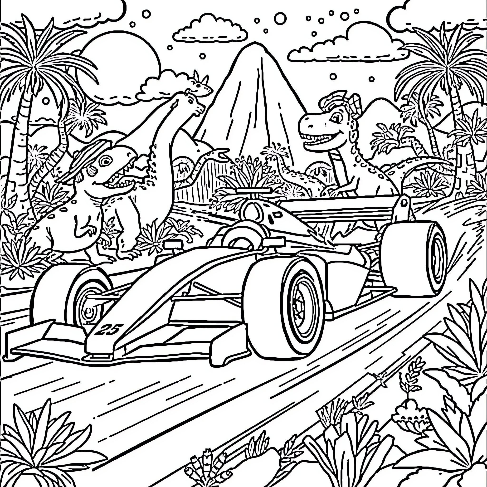 F1 Car racing in tropical jungle environment Coloring Page (free black-and-white line drawing printable PDF for all, from beginners to advanced learners, including children, teens, adults, and seniors)