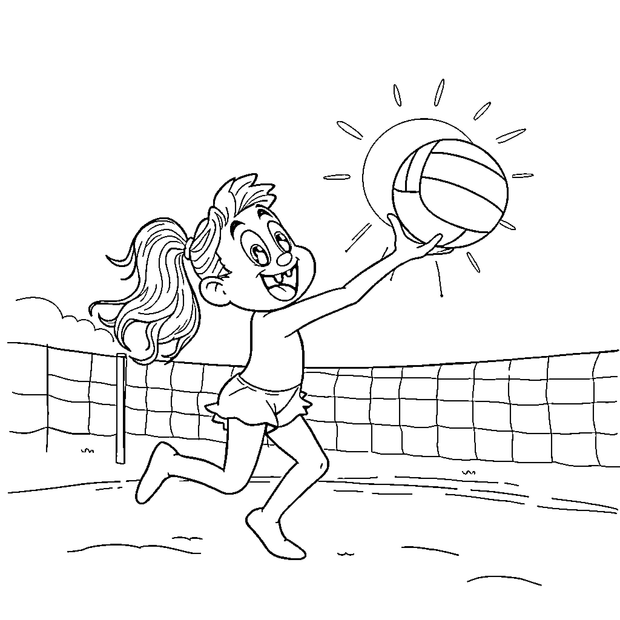 Plimplim Playing Volleyball on the Beach Coloring Page (free black-and-white line drawing printable PDF for all, from beginners to advanced learners, including children, teens, adults, and seniors)