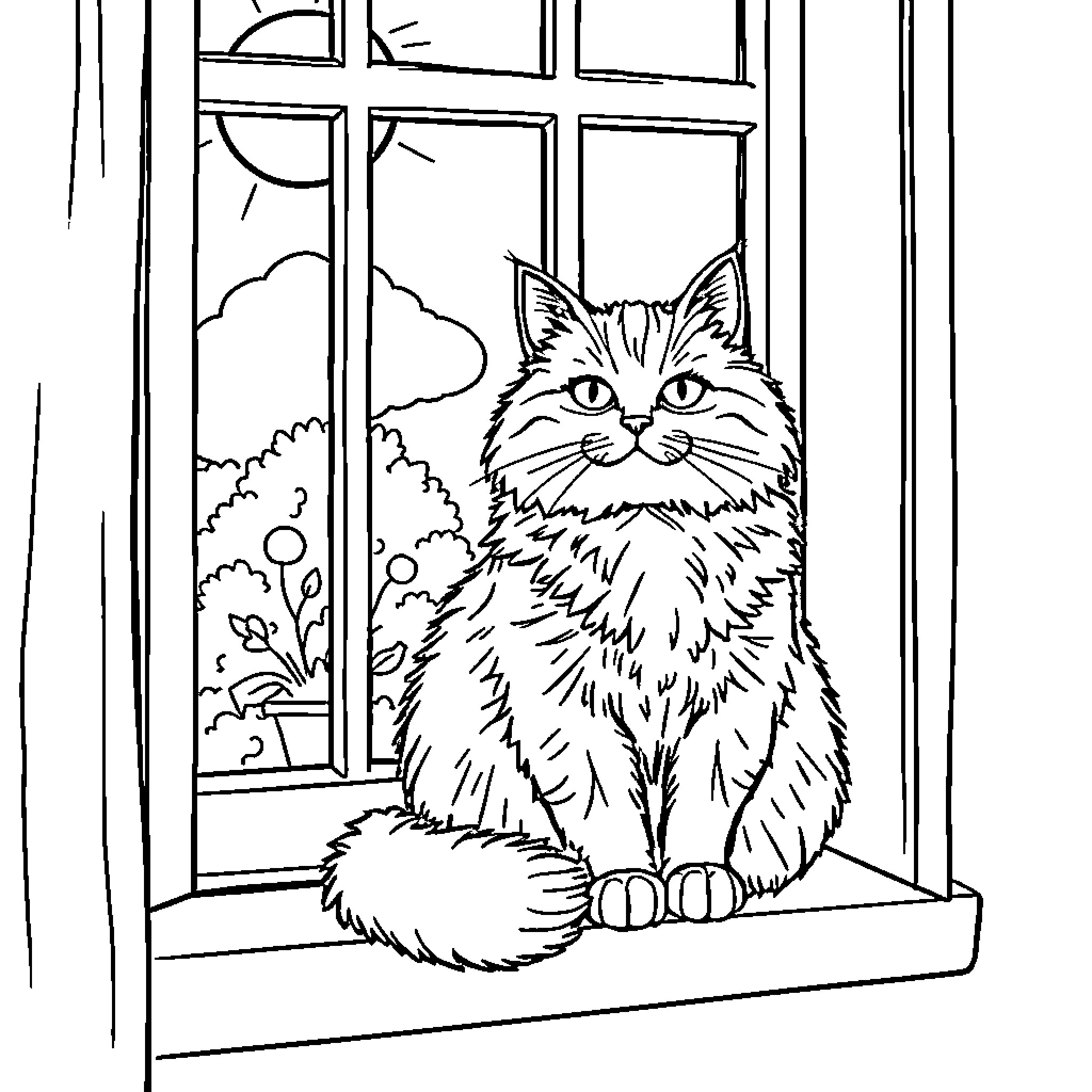 Cat looking out through a window Coloring Page (free black-and-white line drawing printable PDF for all, from beginners to advanced learners, including children, teens, adults, and seniors)
