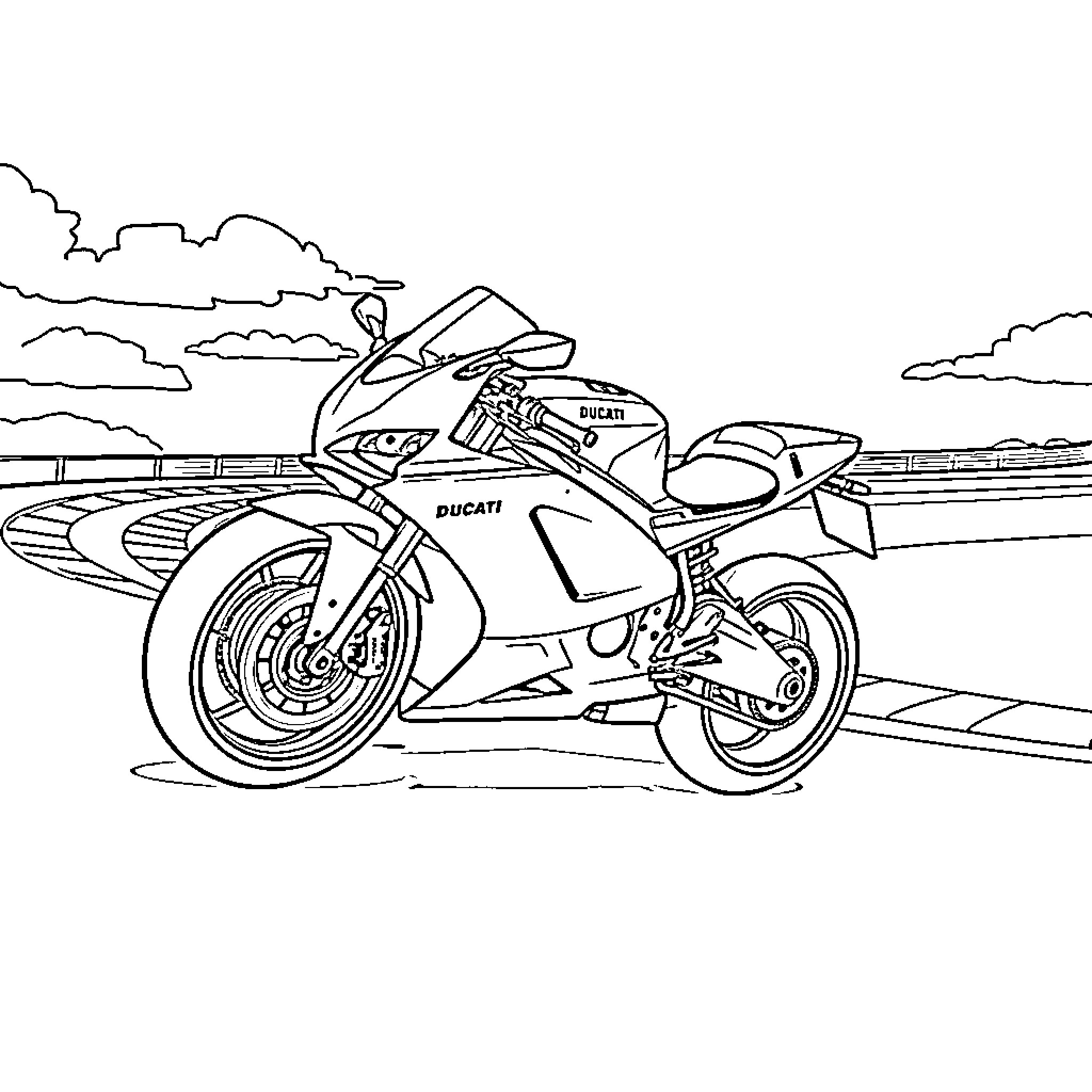 Ducati superbike racing on the track Coloring Page (free black-and-white line drawing printable PDF for all, from beginners to advanced learners, including children, teens, adults, and seniors)
