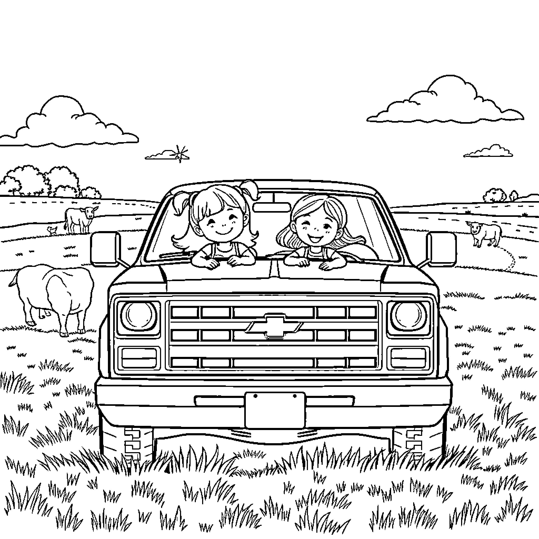 Girl friends driving a pickup truck in the countryside Coloring Page (free black-and-white line drawing printable PDF for all, from beginners to advanced learners, including children, teens, adults, and seniors)