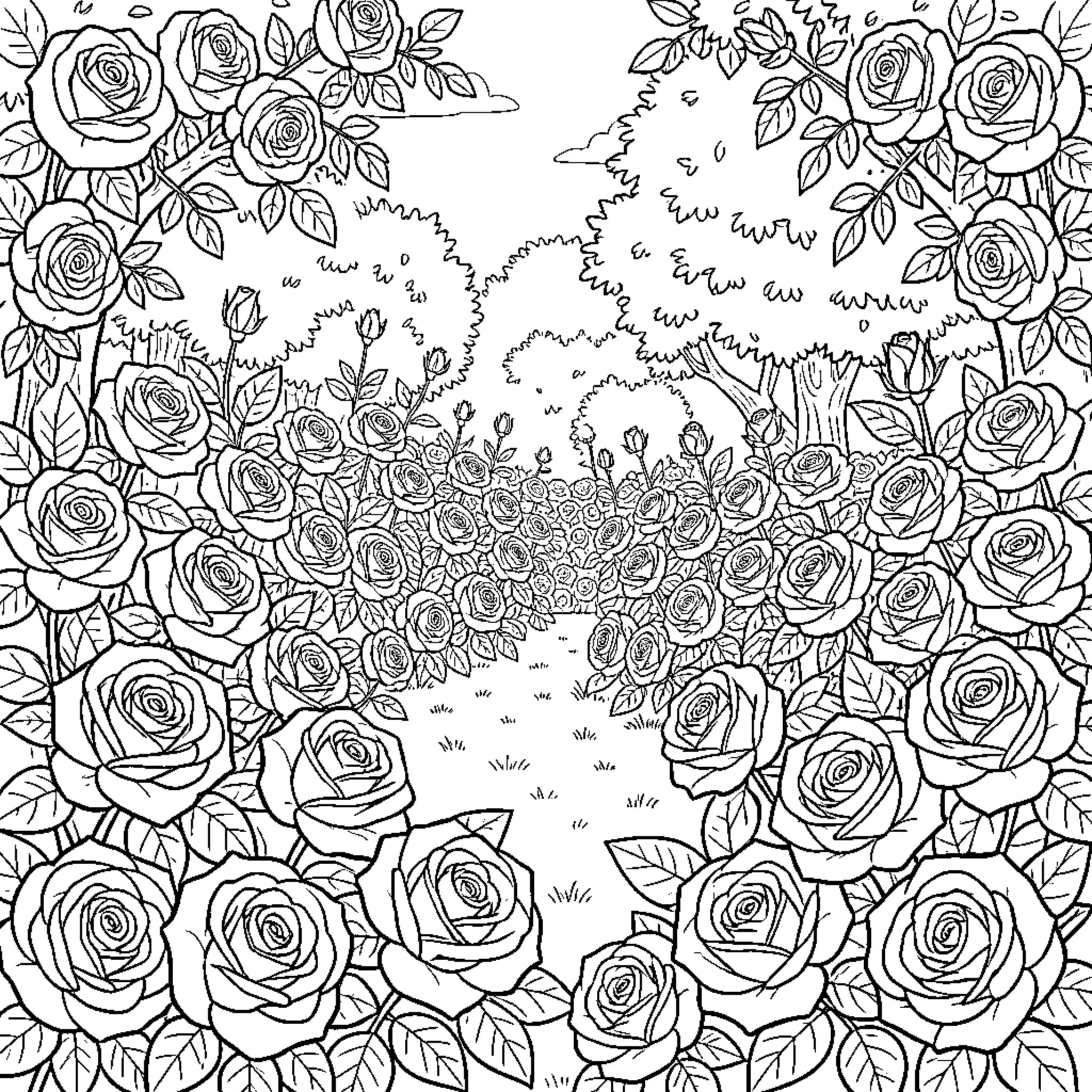 Rose Garden Dreamscape Coloring Page (free black-and-white line drawing printable PDF for all, from beginners to advanced learners, including children, teens, adults, and seniors)