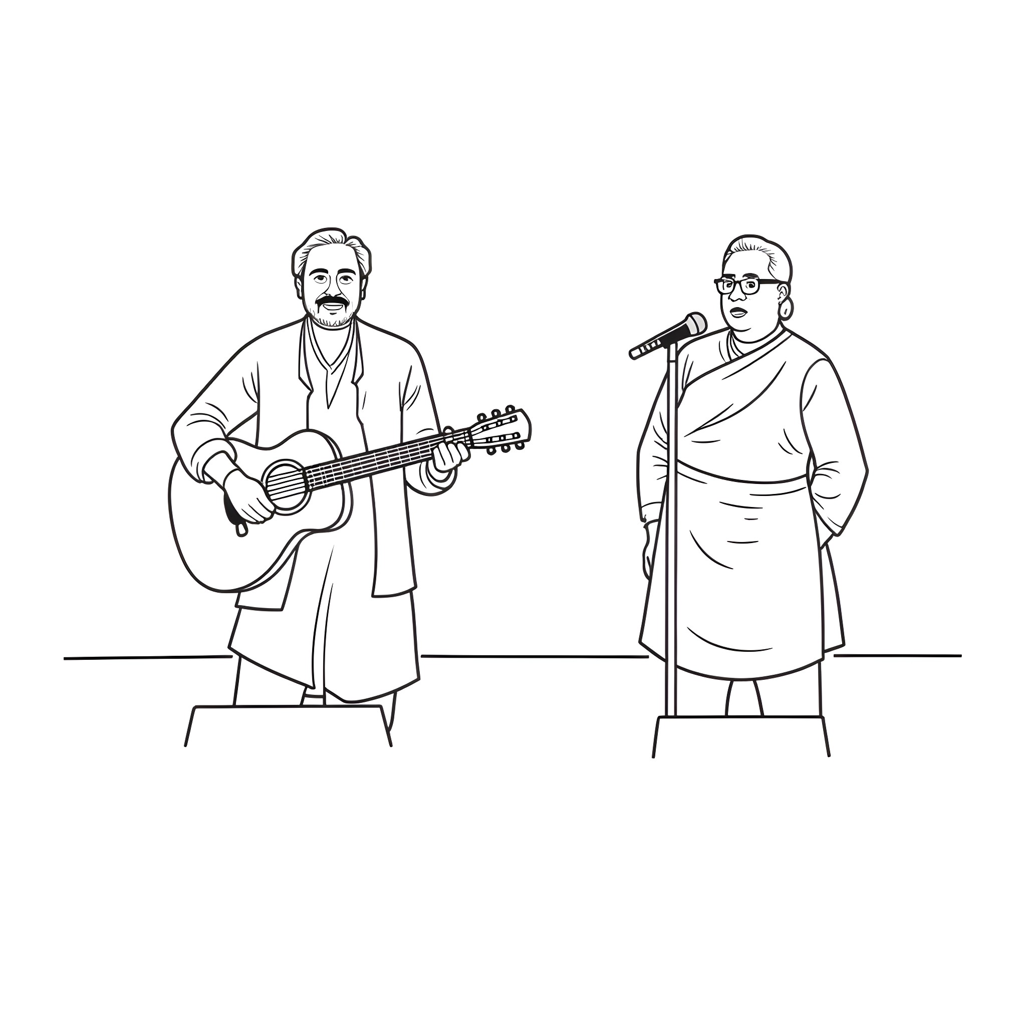 A.R. Rahman performing on stage with musician Coloring Page (free black-and-white line drawing printable PDF for all, from beginners to advanced learners, including children, teens, adults, and seniors)