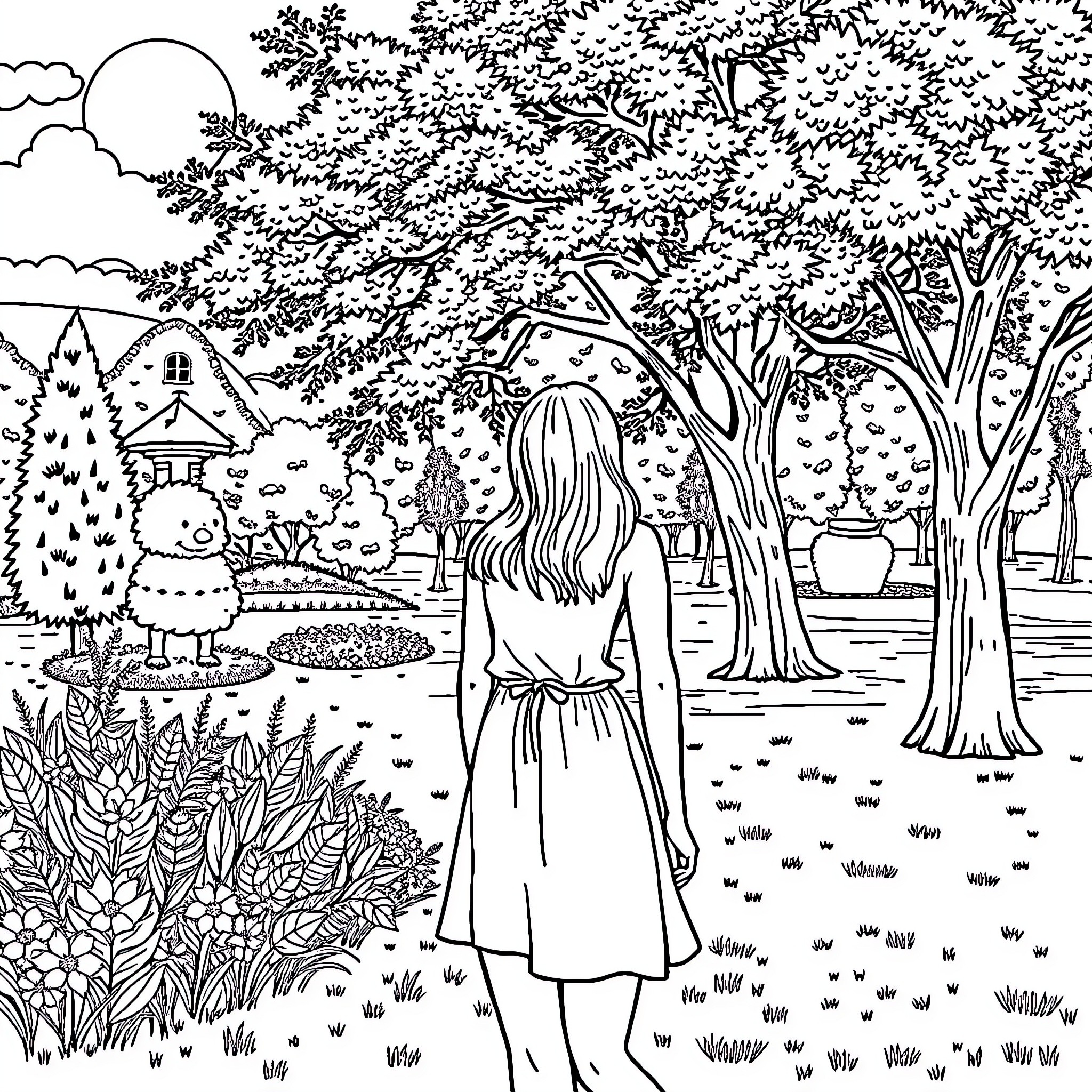 Woman exploring the lush garden landscape Coloring Page (free black-and-white line drawing printable PDF for all, from beginners to advanced learners, including children, teens, adults, and seniors)